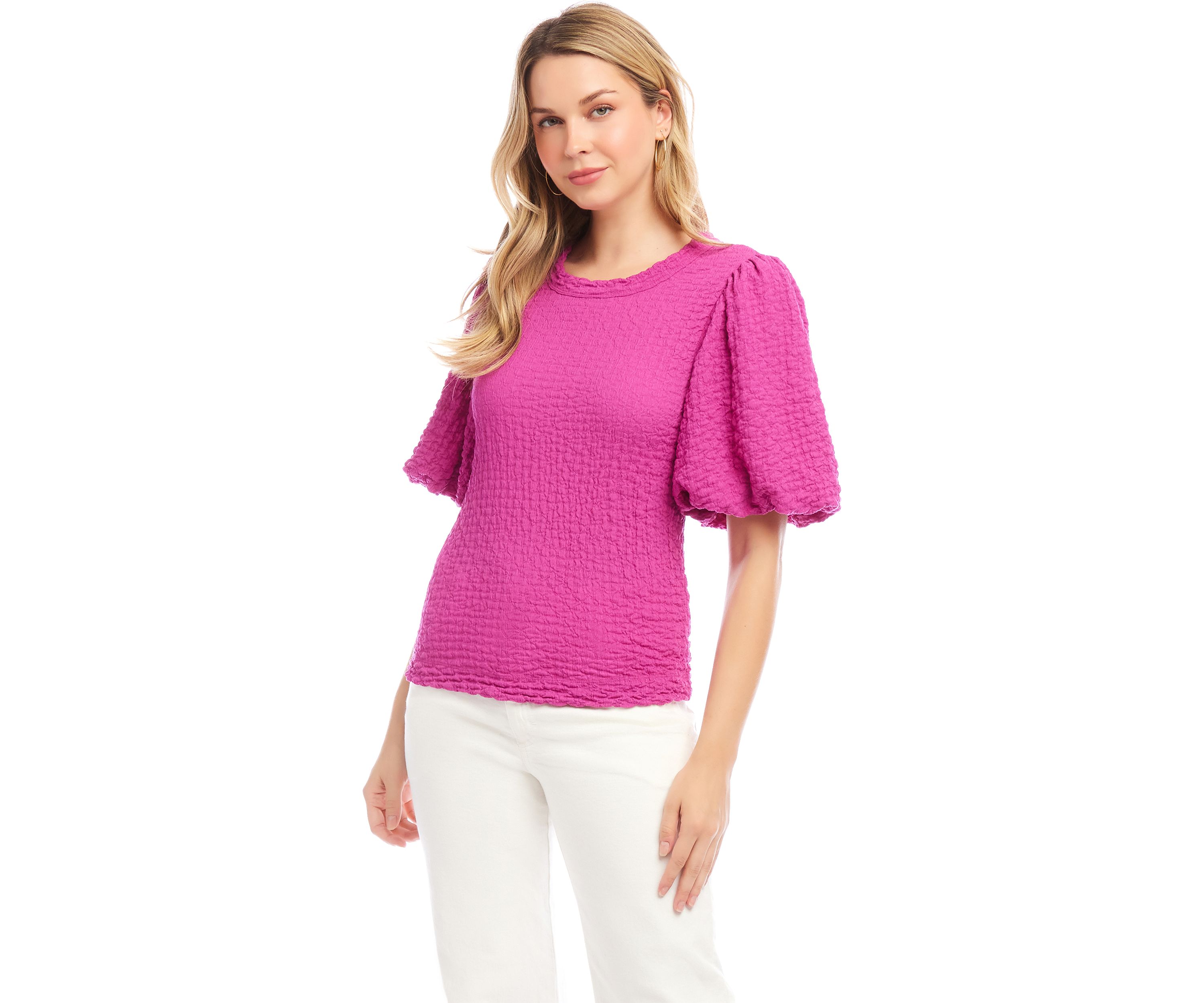 Petite Size Puff Sleeve Textured Top