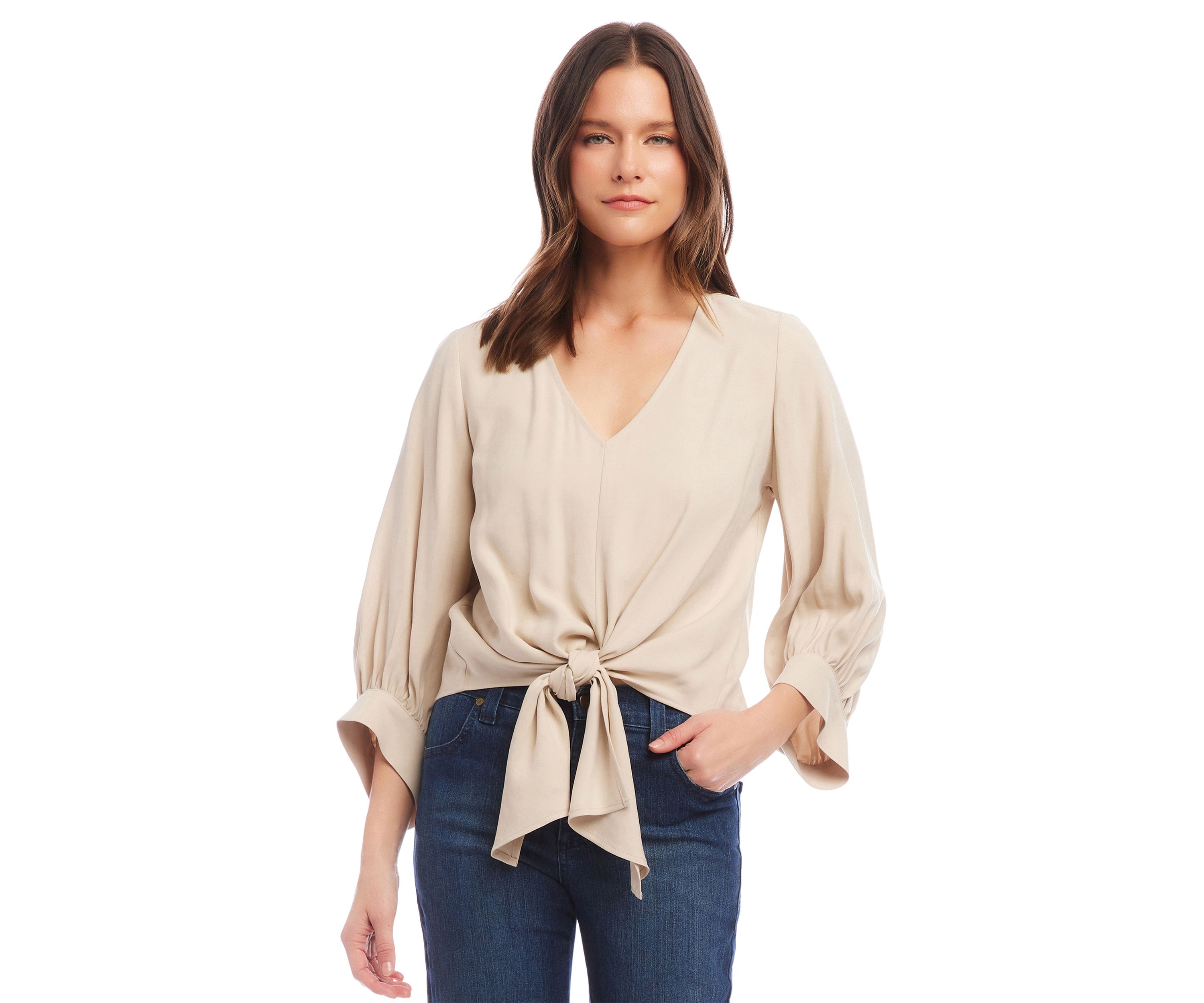 Womens Blouson Sleeve Tie Front Top