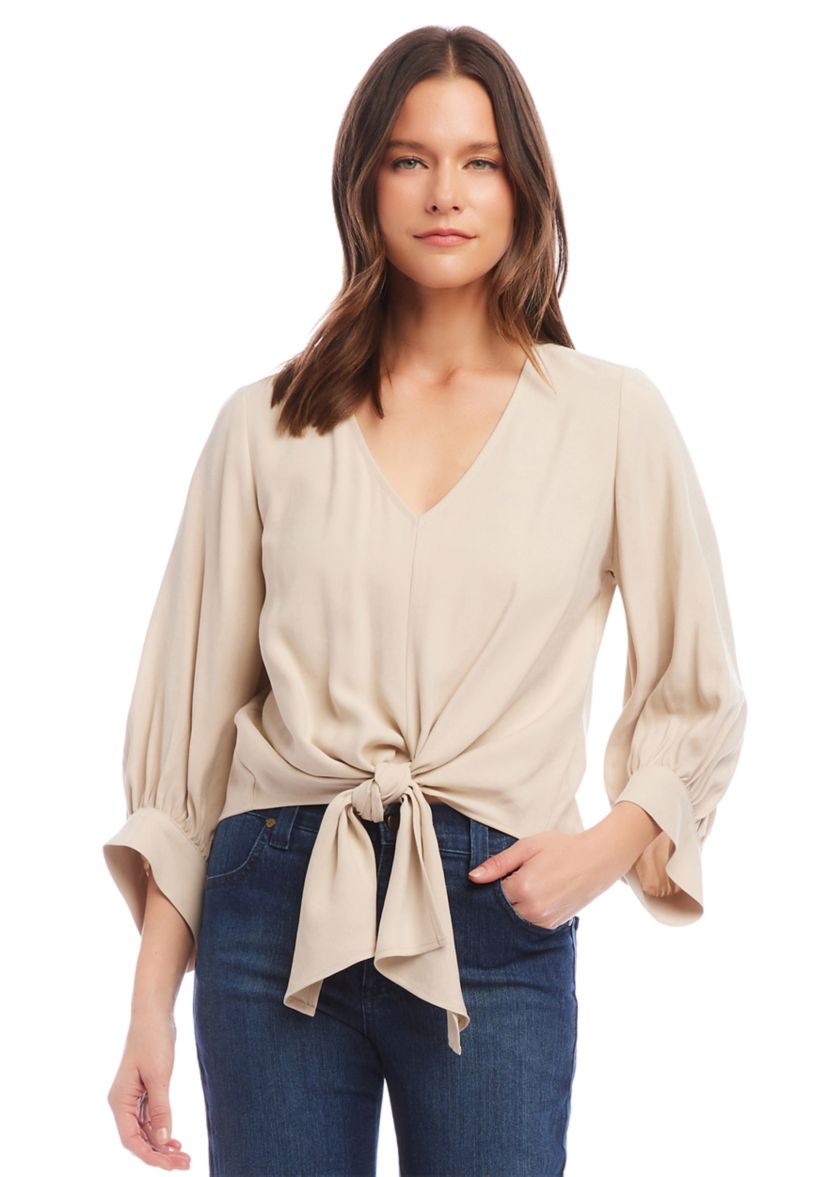 Womens Blouson Sleeve Tie Front Top
