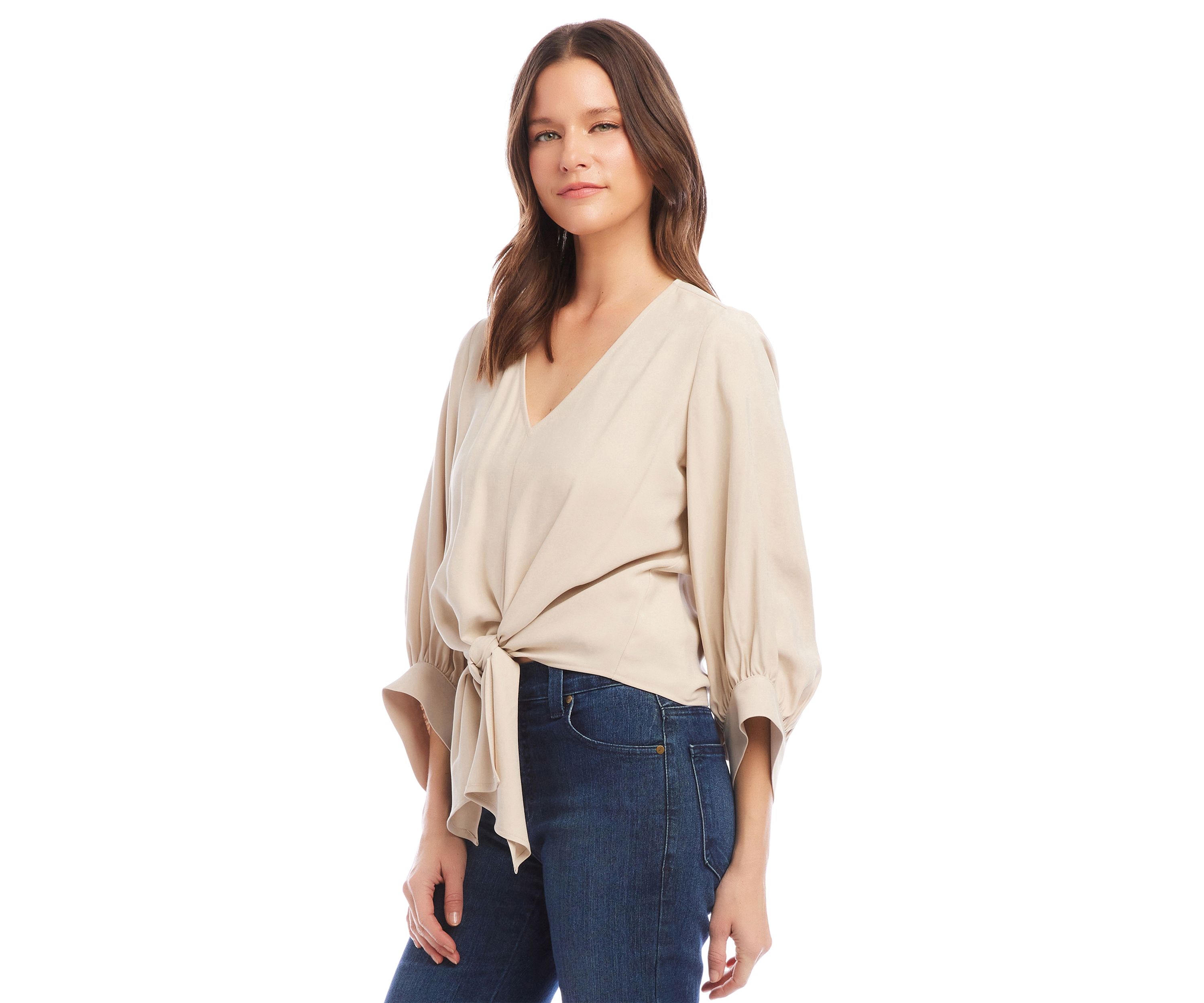 Womens Blouson Sleeve Tie Front Top