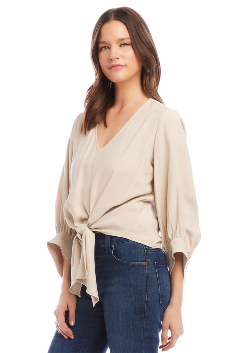 Womens Blouson Sleeve Tie Front Top