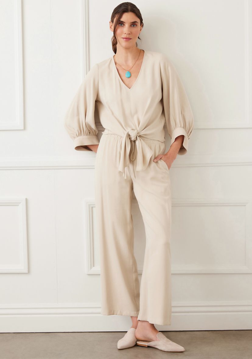 Womens Blouson Sleeve Tie Front Top