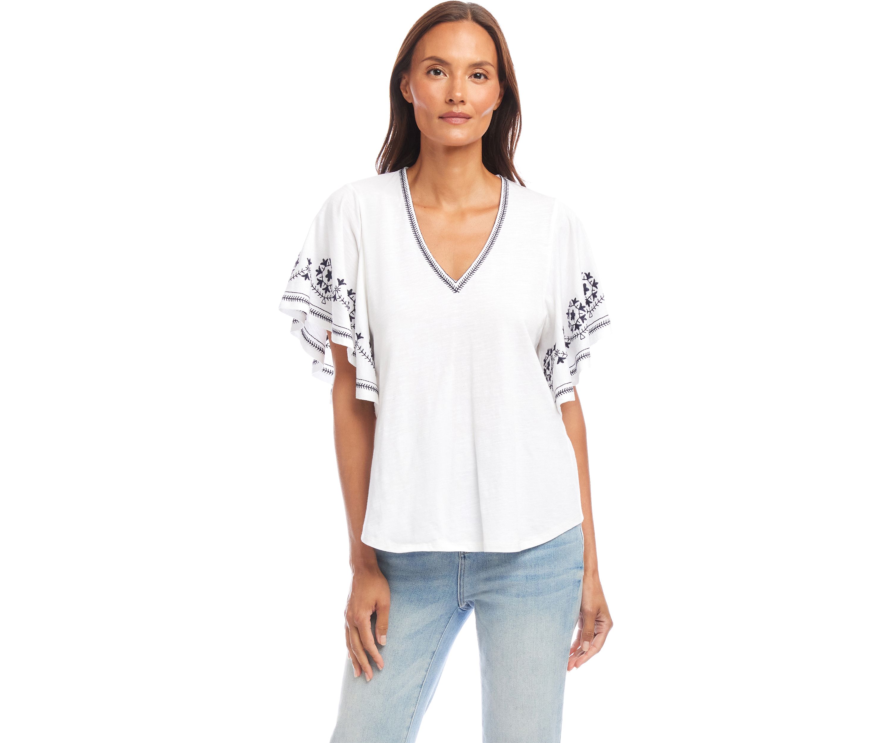 Petite Size Embroidered Flutter Sleeve Top