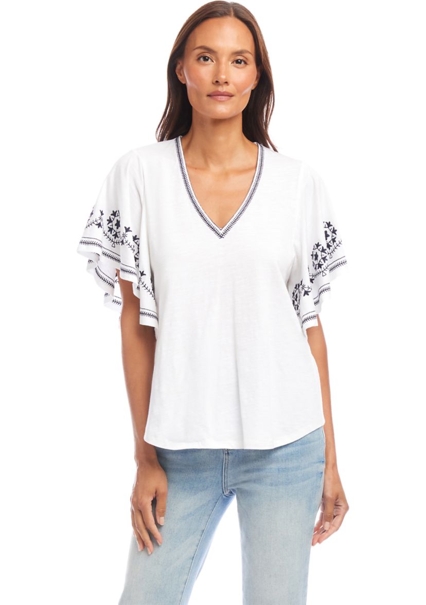 Petite Size Embroidered Flutter Sleeve Top