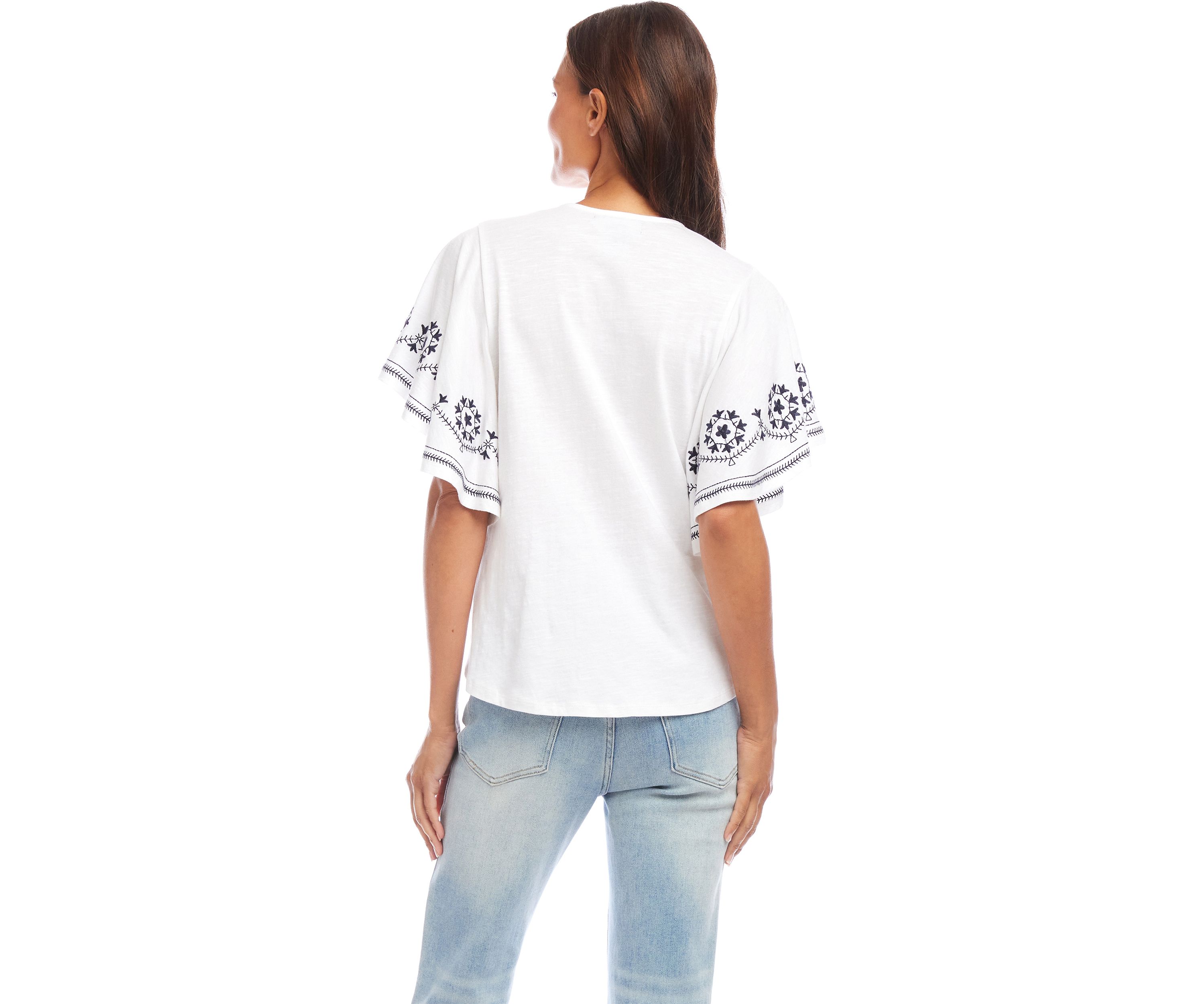 Petite Size Embroidered Flutter Sleeve Top