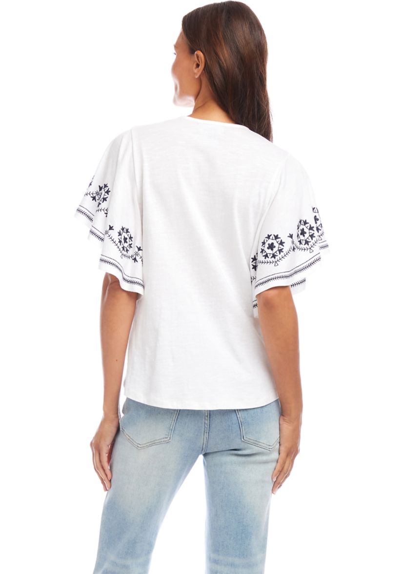 Petite Size Embroidered Flutter Sleeve Top