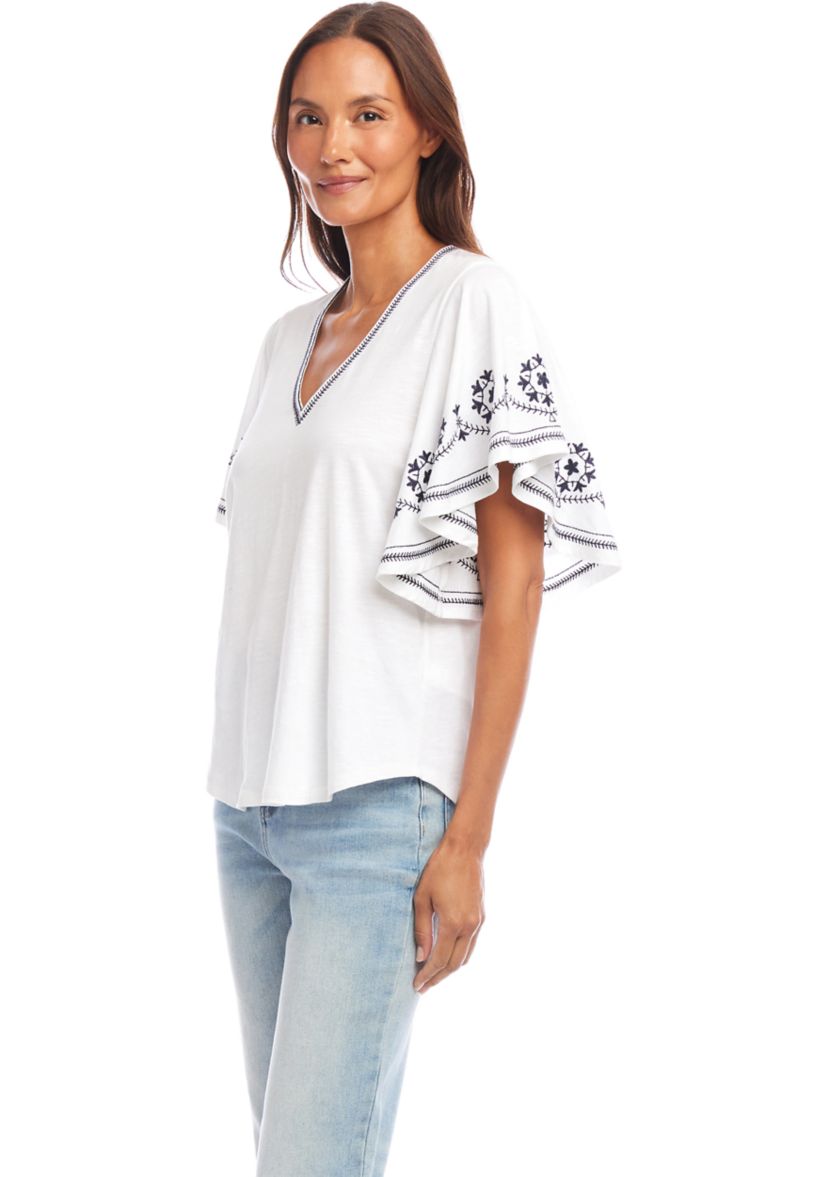 Petite Size Embroidered Flutter Sleeve Top