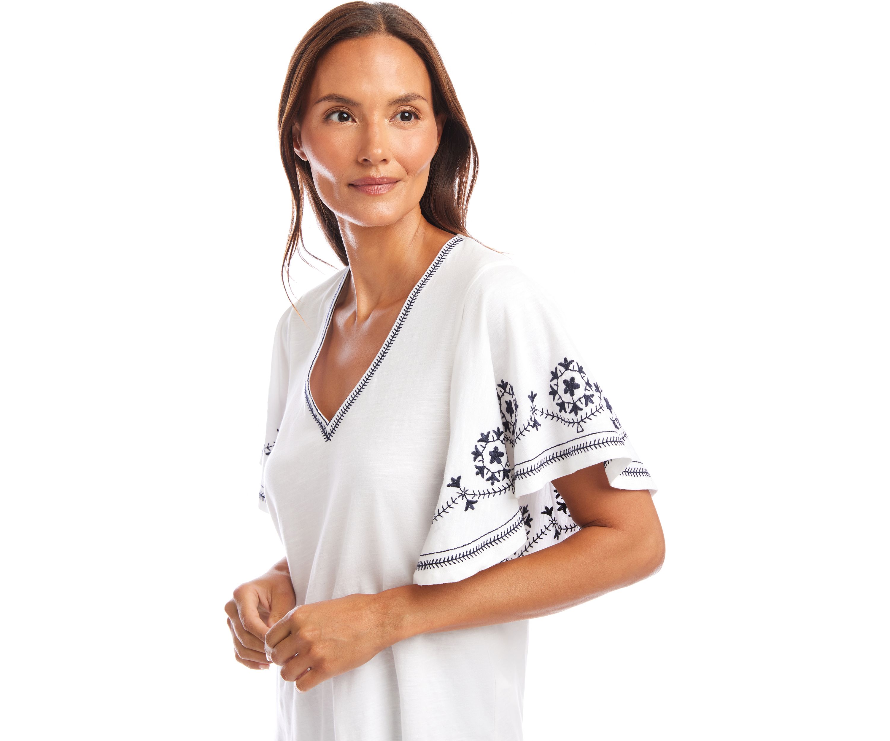 Petite Size Embroidered Flutter Sleeve Top