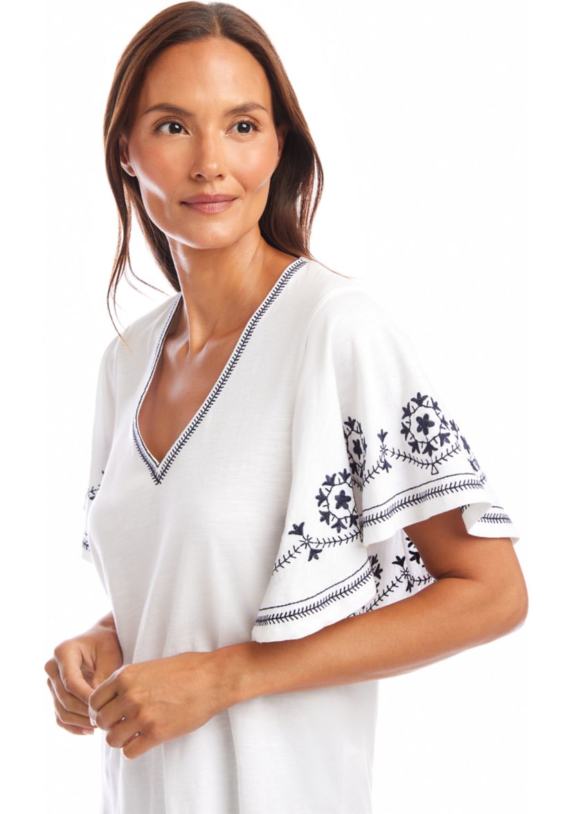 Petite Size Embroidered Flutter Sleeve Top