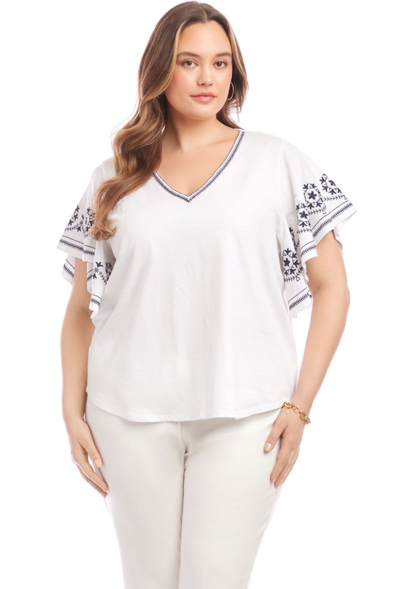 Plus Size Embroidered Flutter Sleeve Top