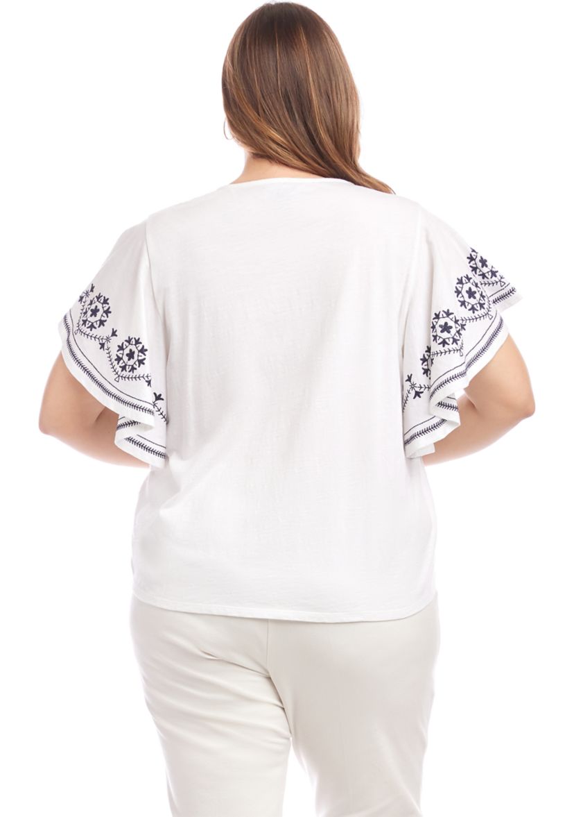 Plus Size Embroidered Flutter Sleeve Top
