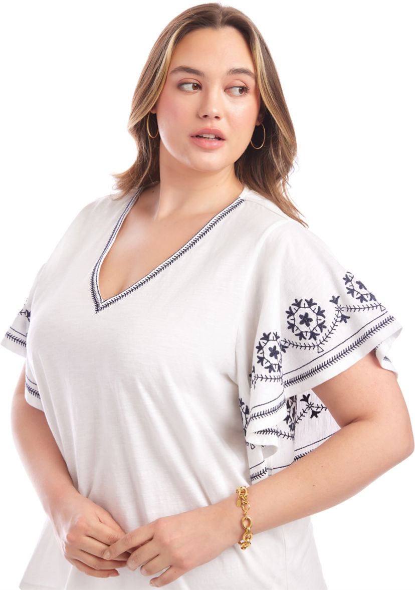 Plus Size Embroidered Flutter Sleeve Top