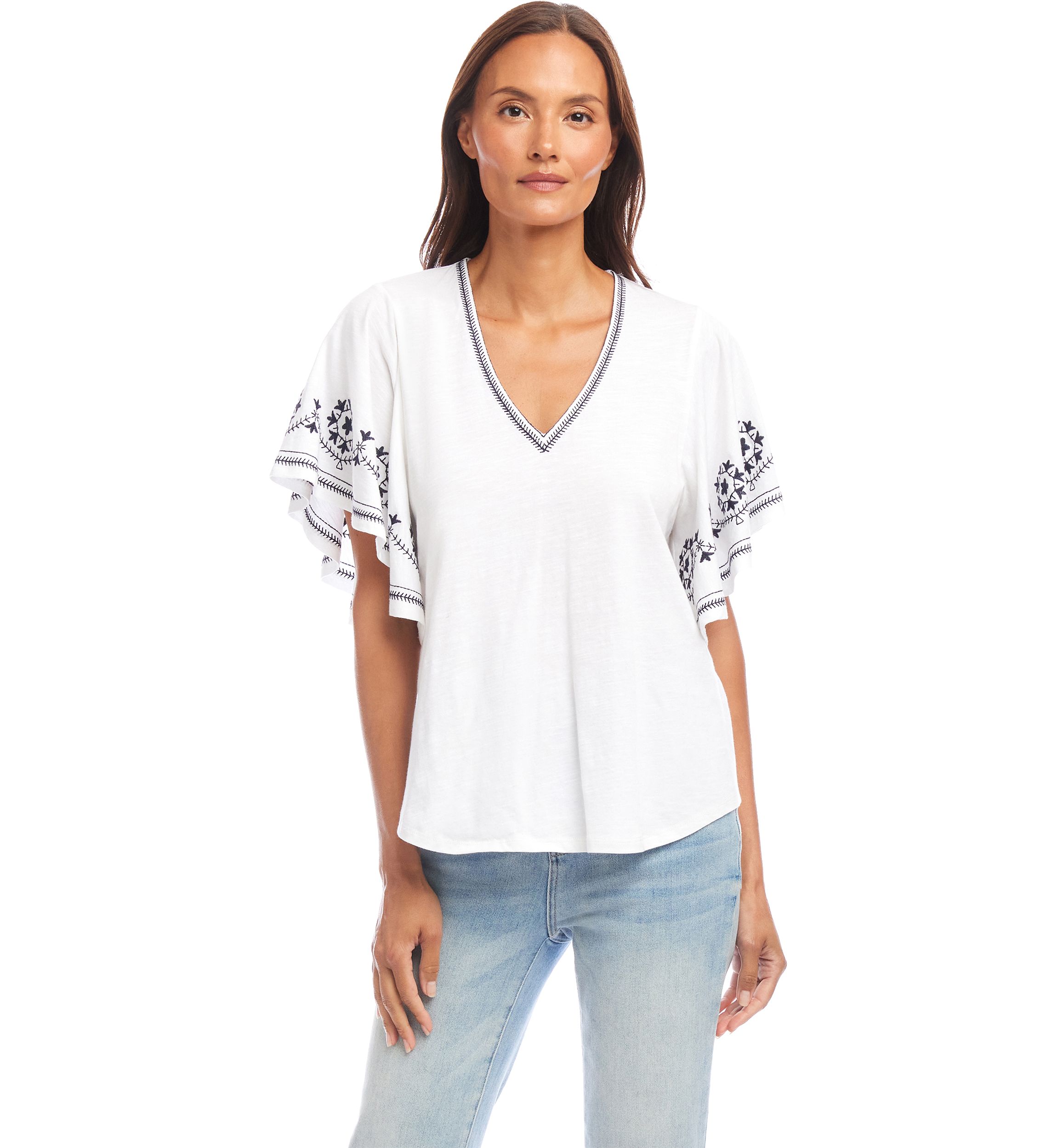 Womens Embroidered Flutter Sleeve Top