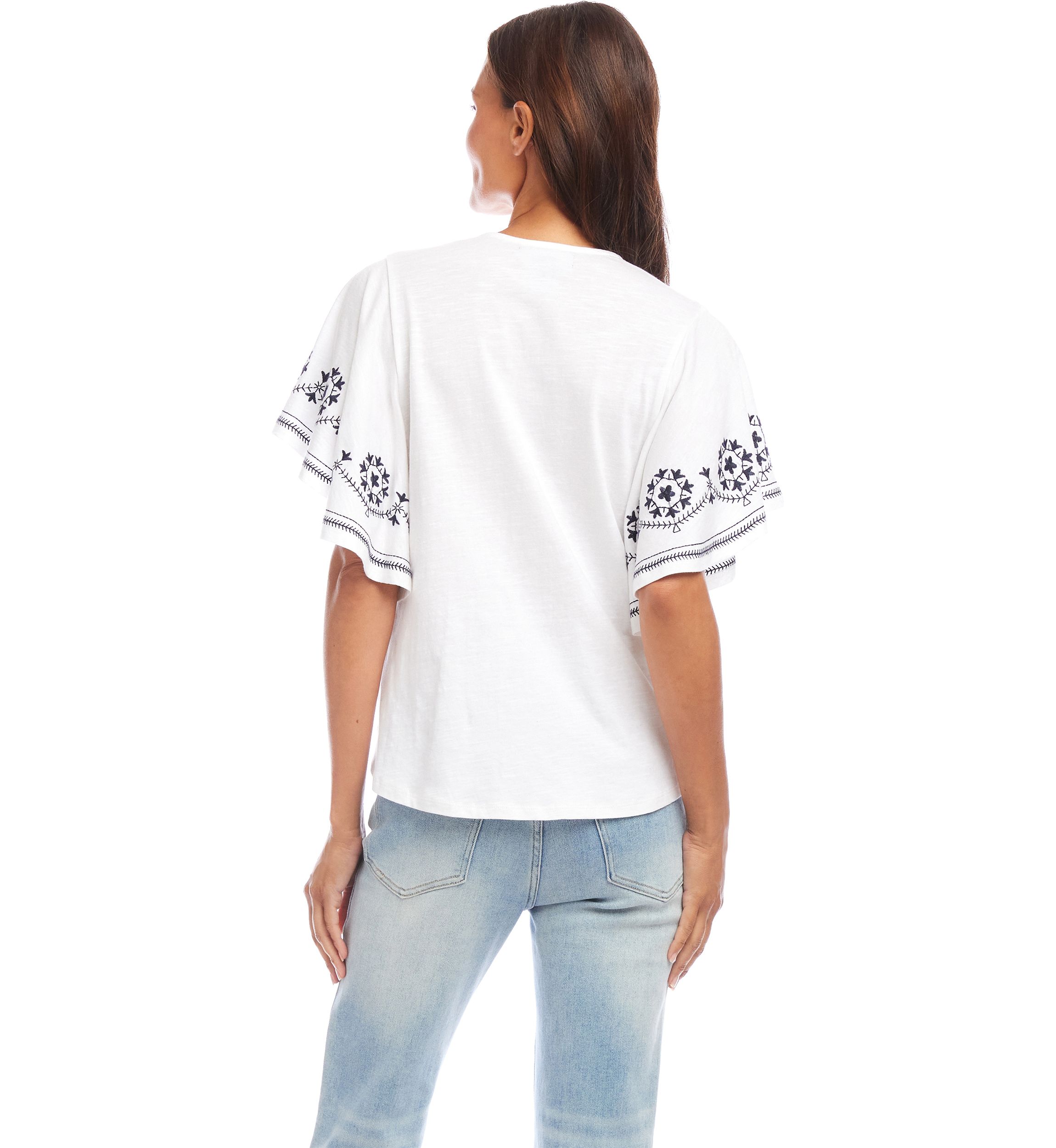 Womens Embroidered Flutter Sleeve Top