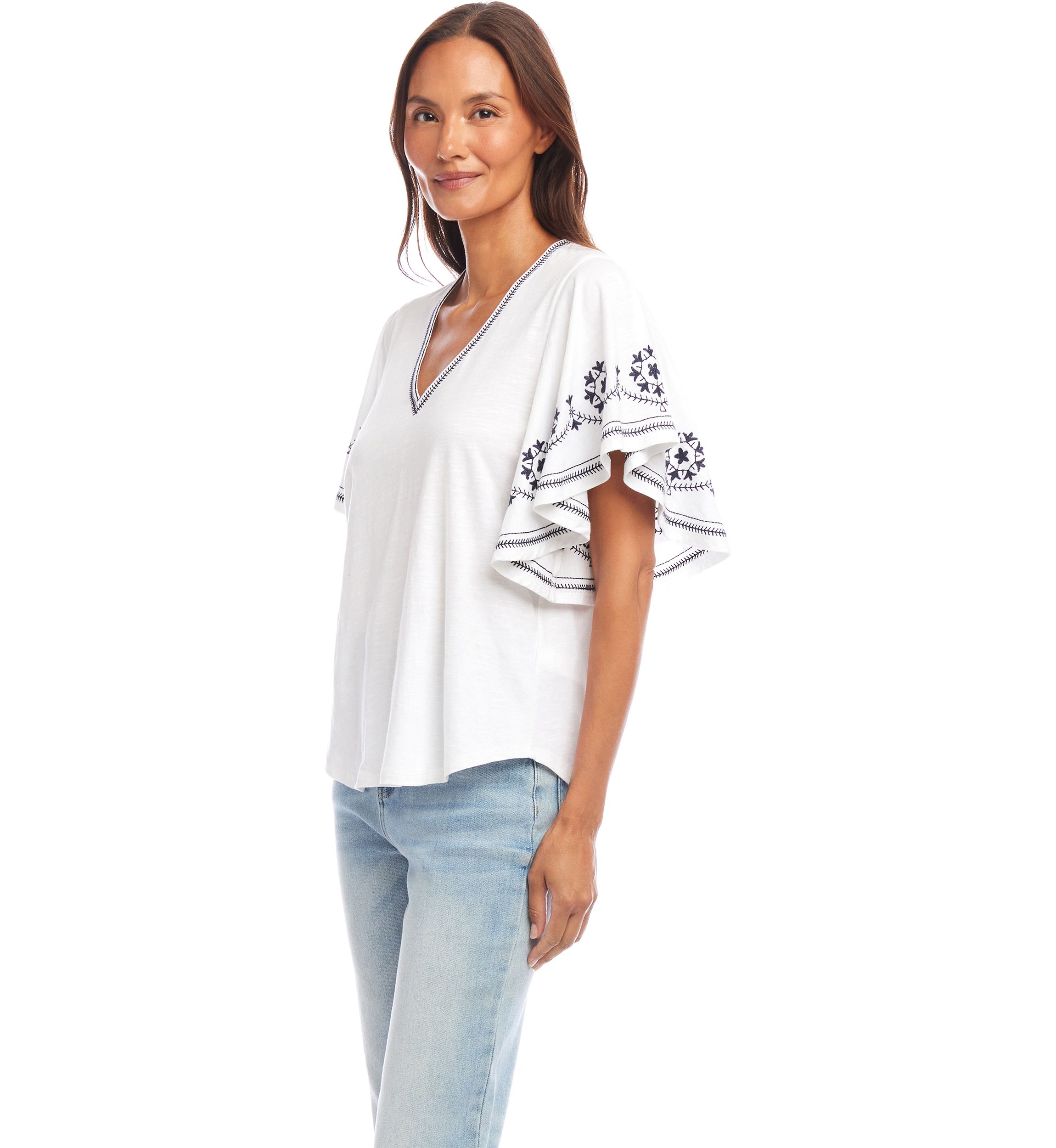 Womens Embroidered Flutter Sleeve Top