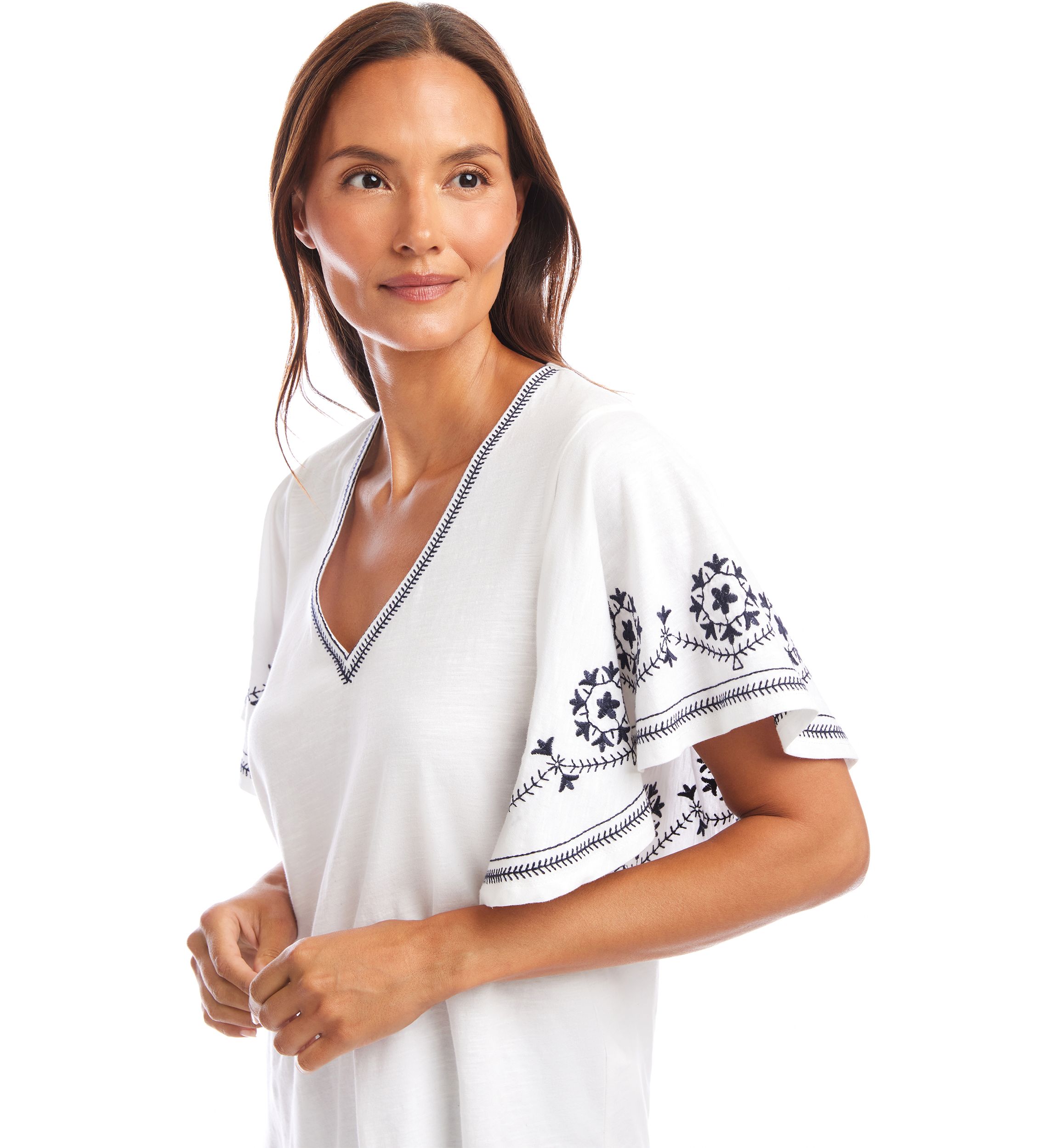 Womens Embroidered Flutter Sleeve Top