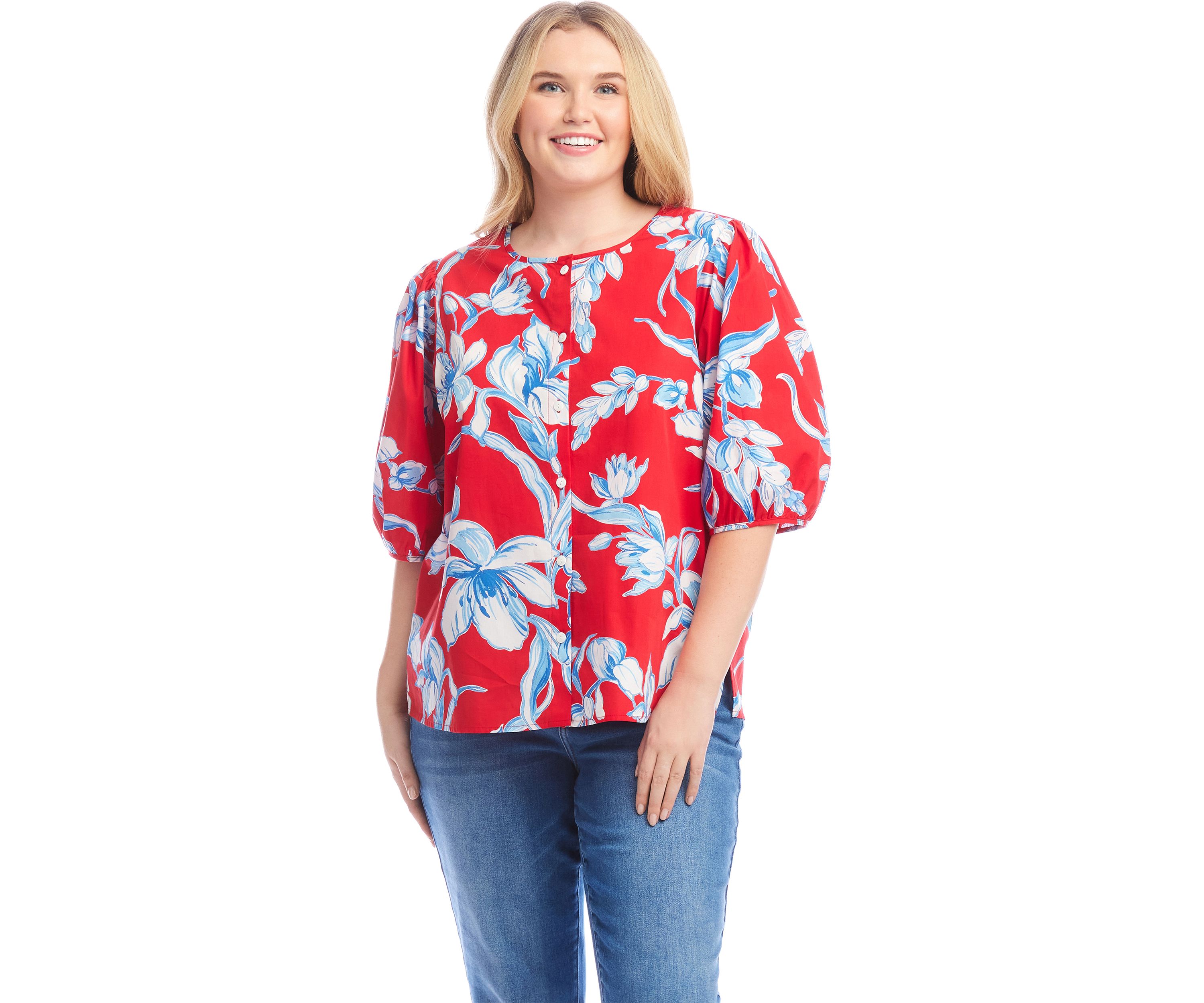 Plus Size Puff Sleeve Button-Front Shirt