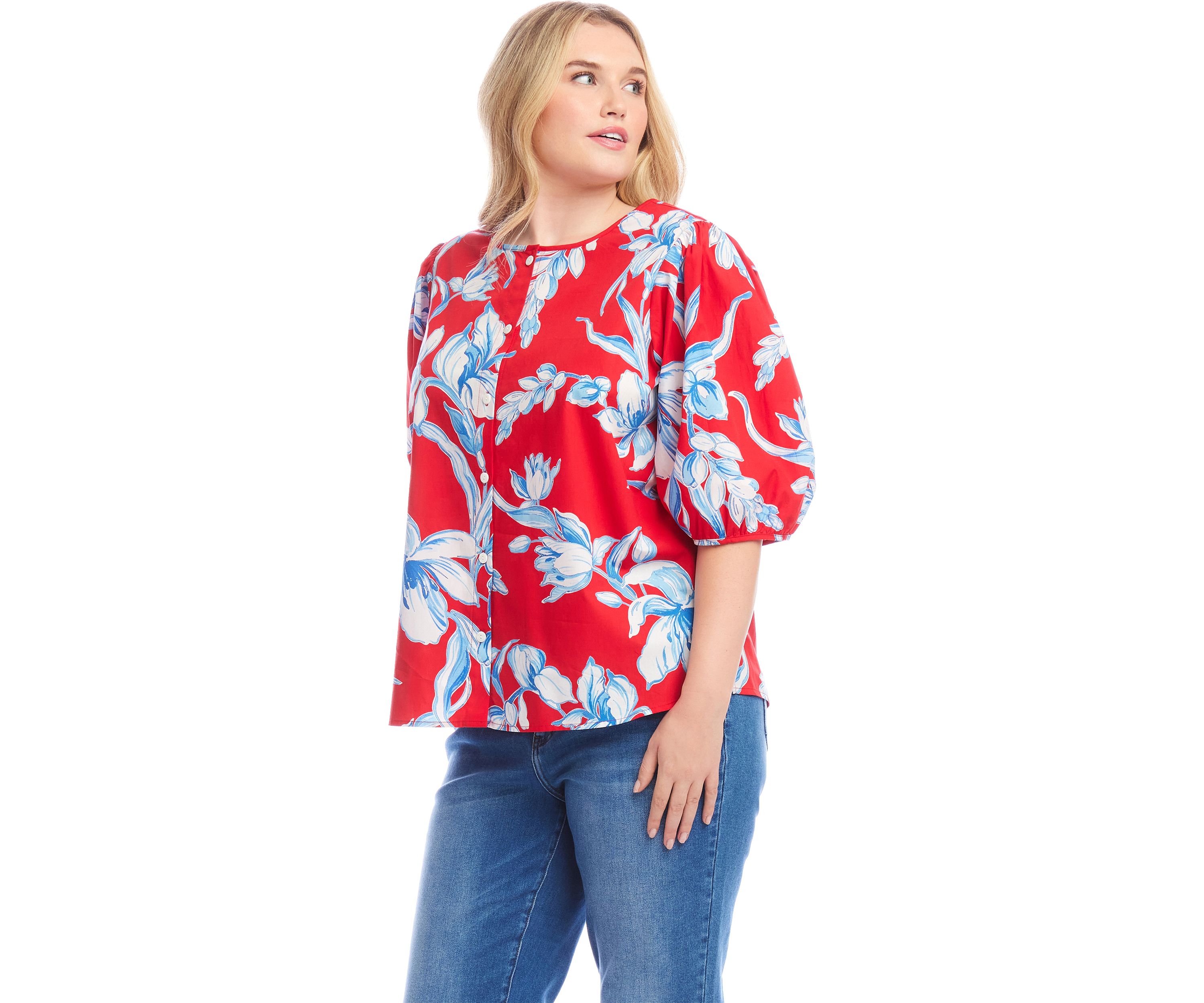 Plus Size Puff Sleeve Button-Front Shirt