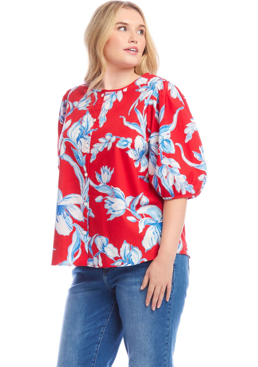 Plus Size Puff Sleeve Button-Front Shirt