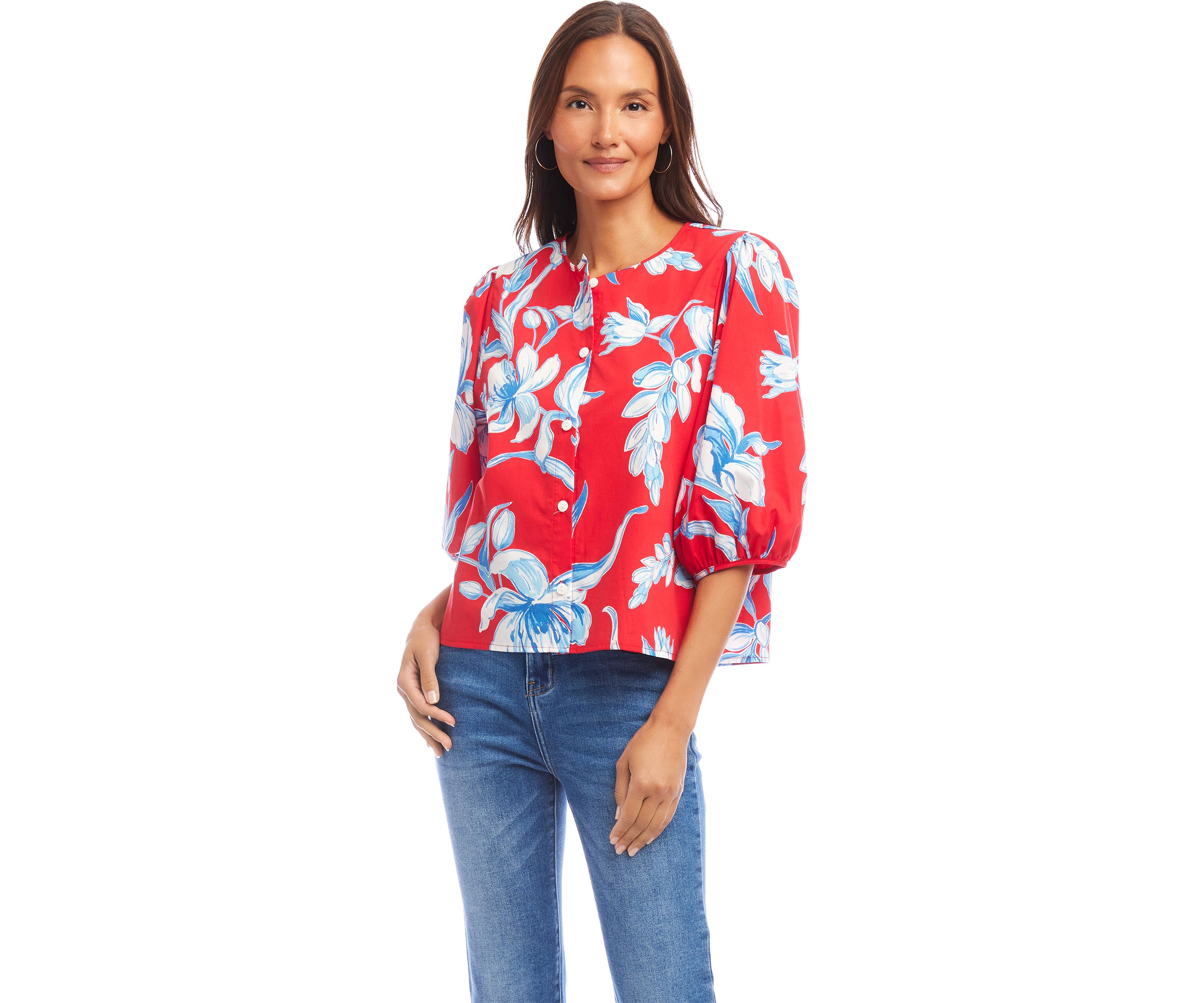 Womens Puff Sleeve Button-Front Shirt