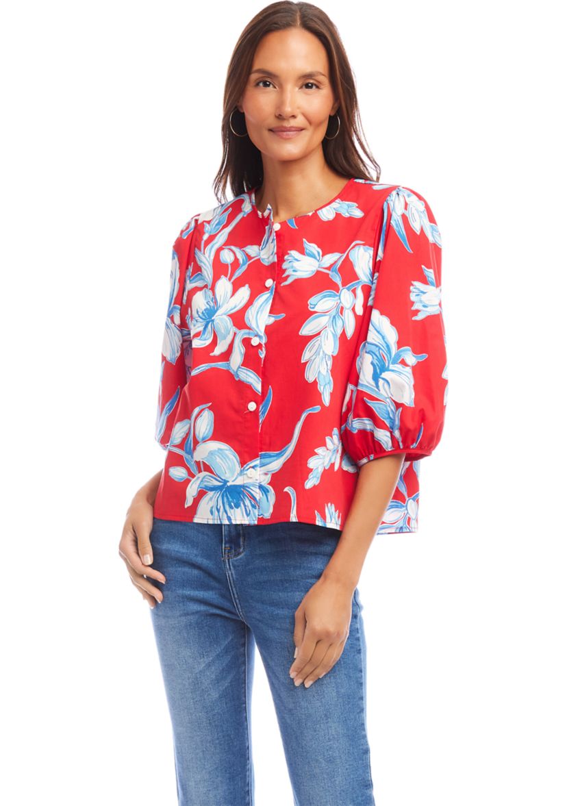 Womens Puff Sleeve Button-Front Shirt