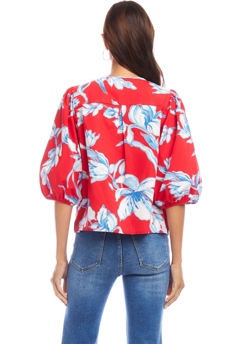 Womens Puff Sleeve Button-Front Shirt