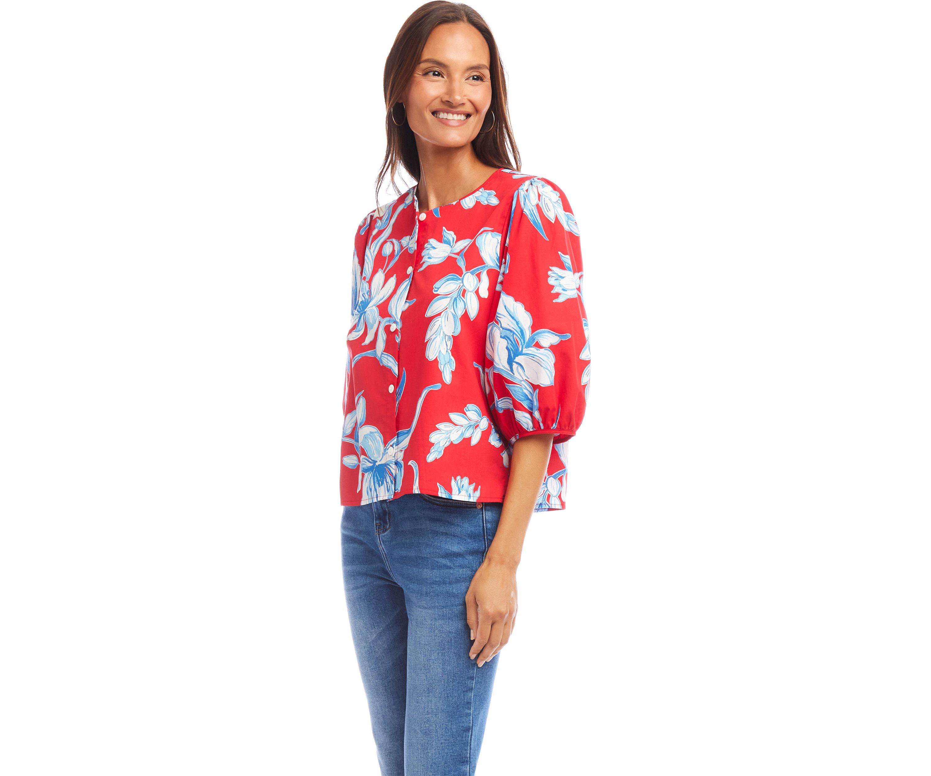 Womens Puff Sleeve Button-Front Shirt