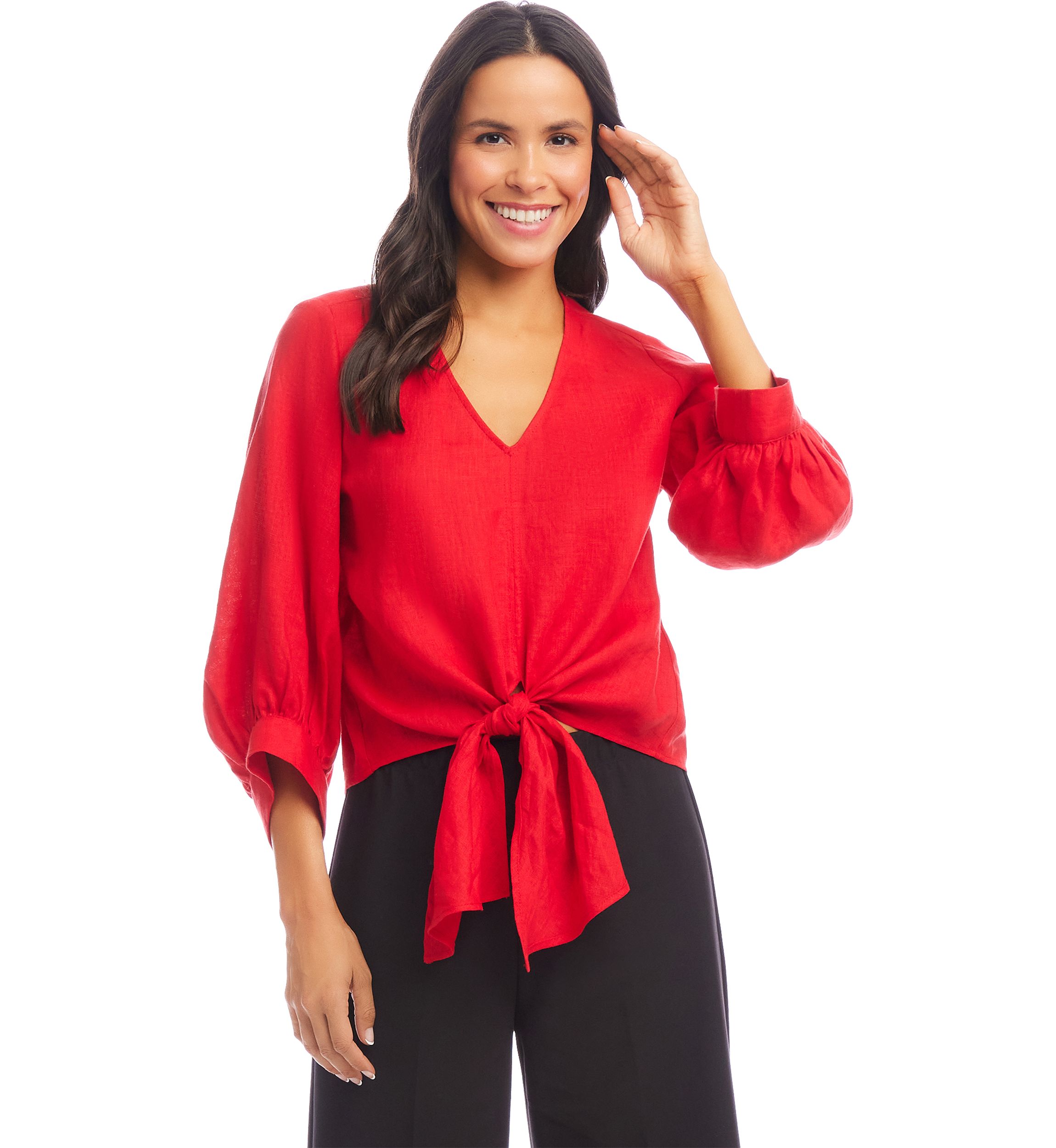Womens Blouson Sleeve Linen Tie-Front Top