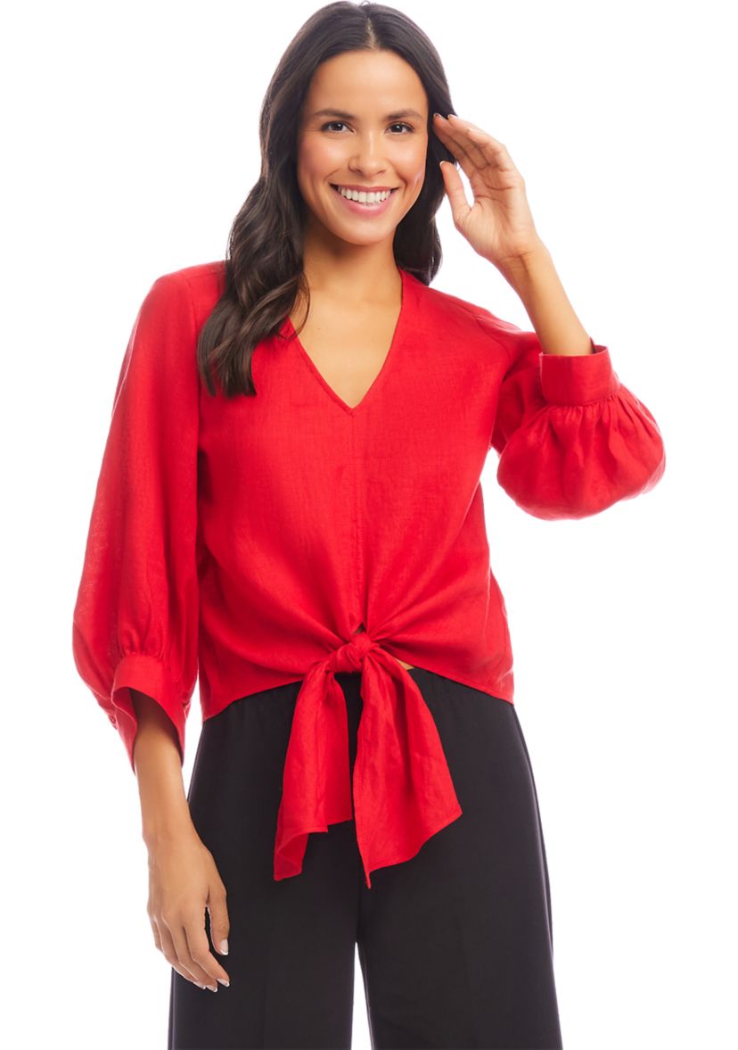 Womens Blouson Sleeve Linen Tie-Front Top