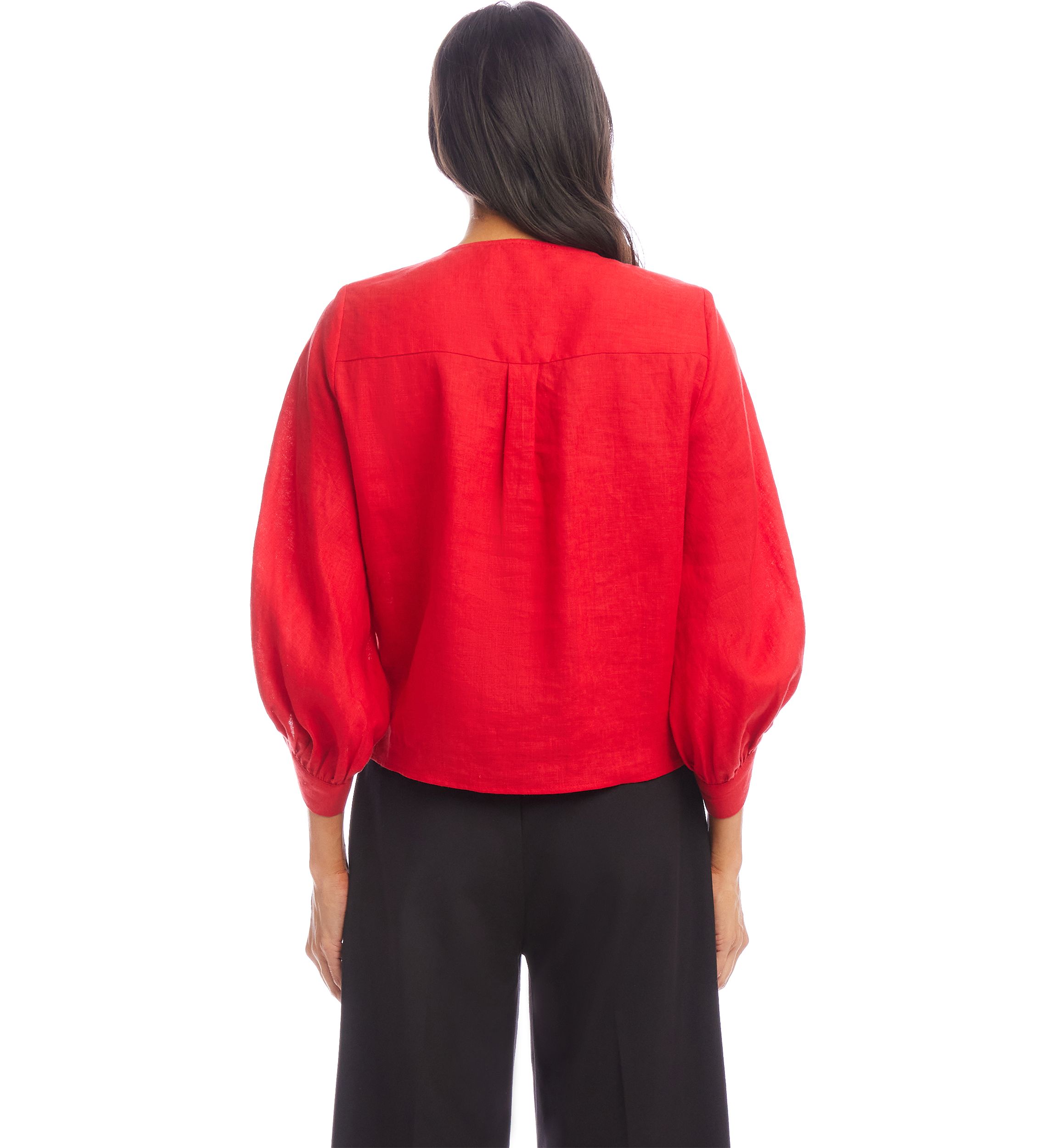 Womens Blouson Sleeve Linen Tie-Front Top