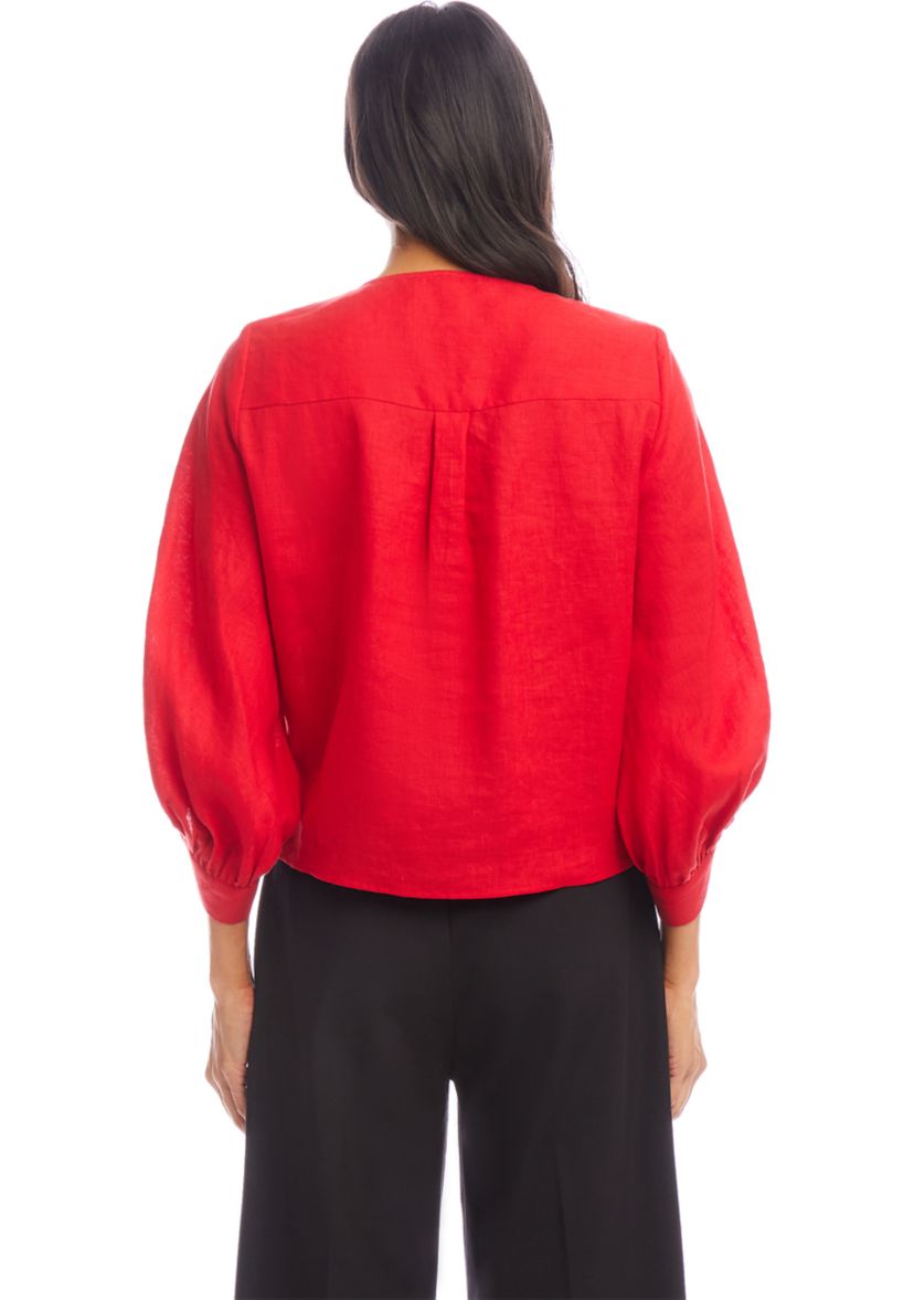 Womens Blouson Sleeve Linen Tie-Front Top