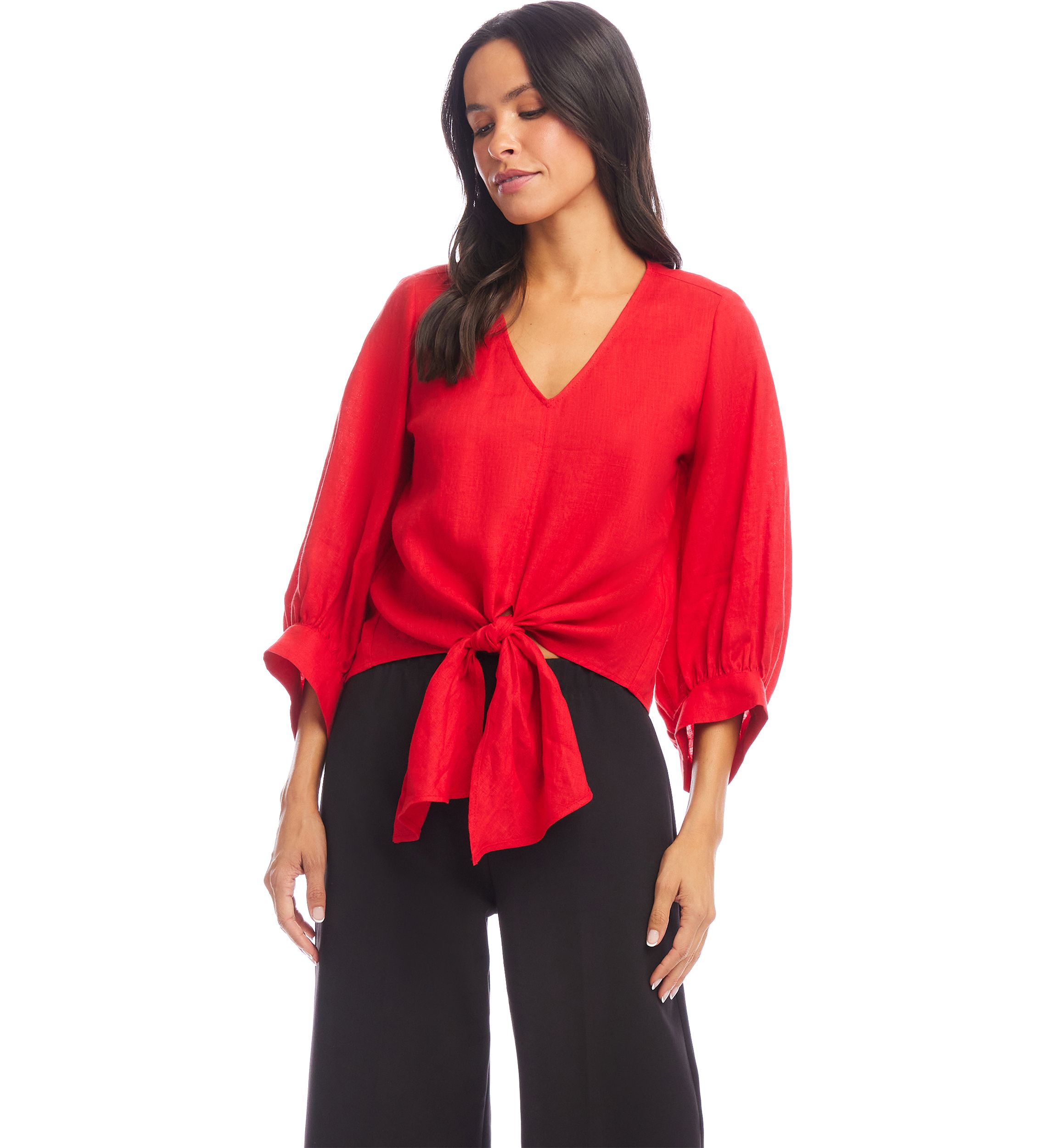 Womens Blouson Sleeve Linen Tie-Front Top