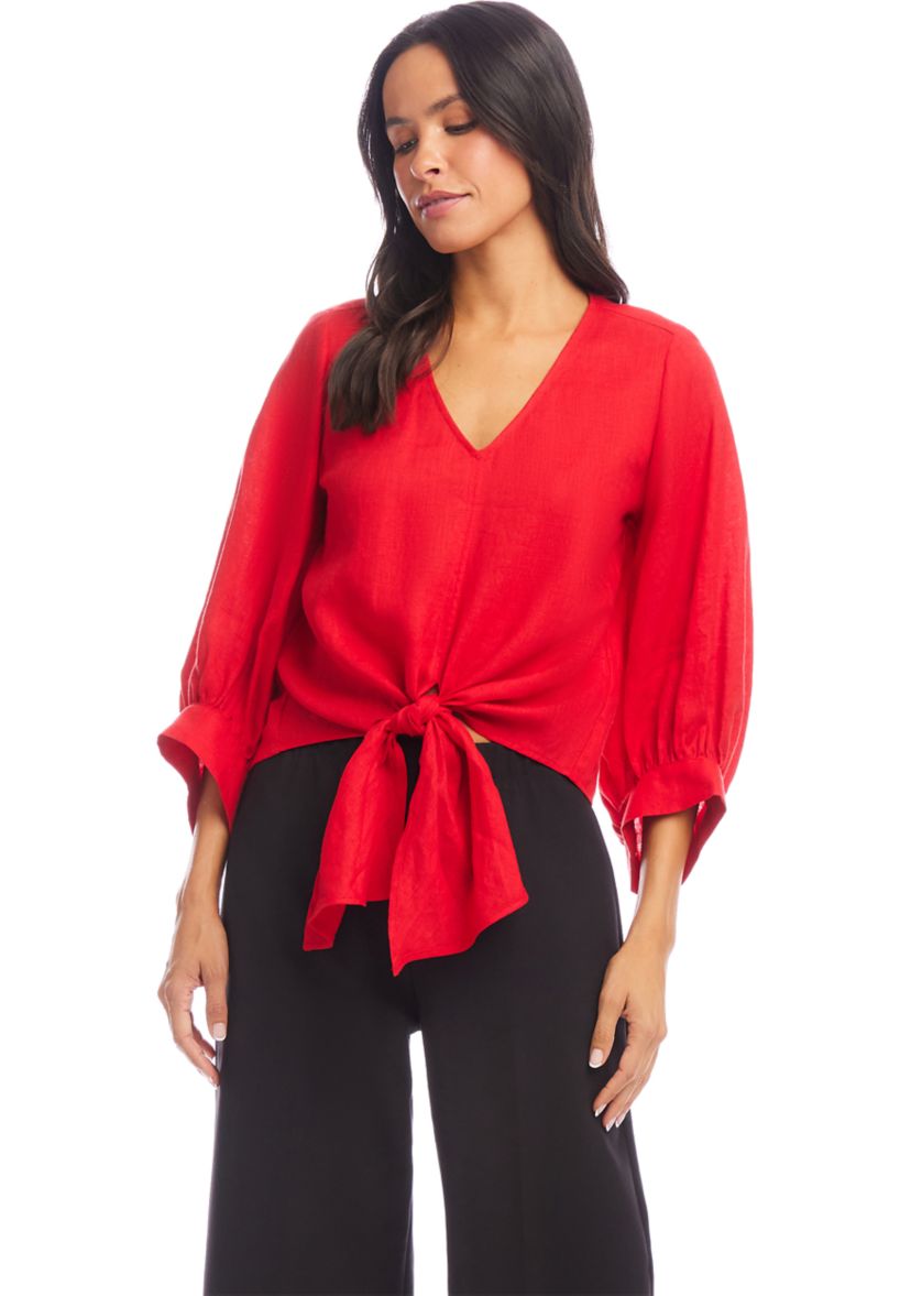 Womens Blouson Sleeve Linen Tie-Front Top