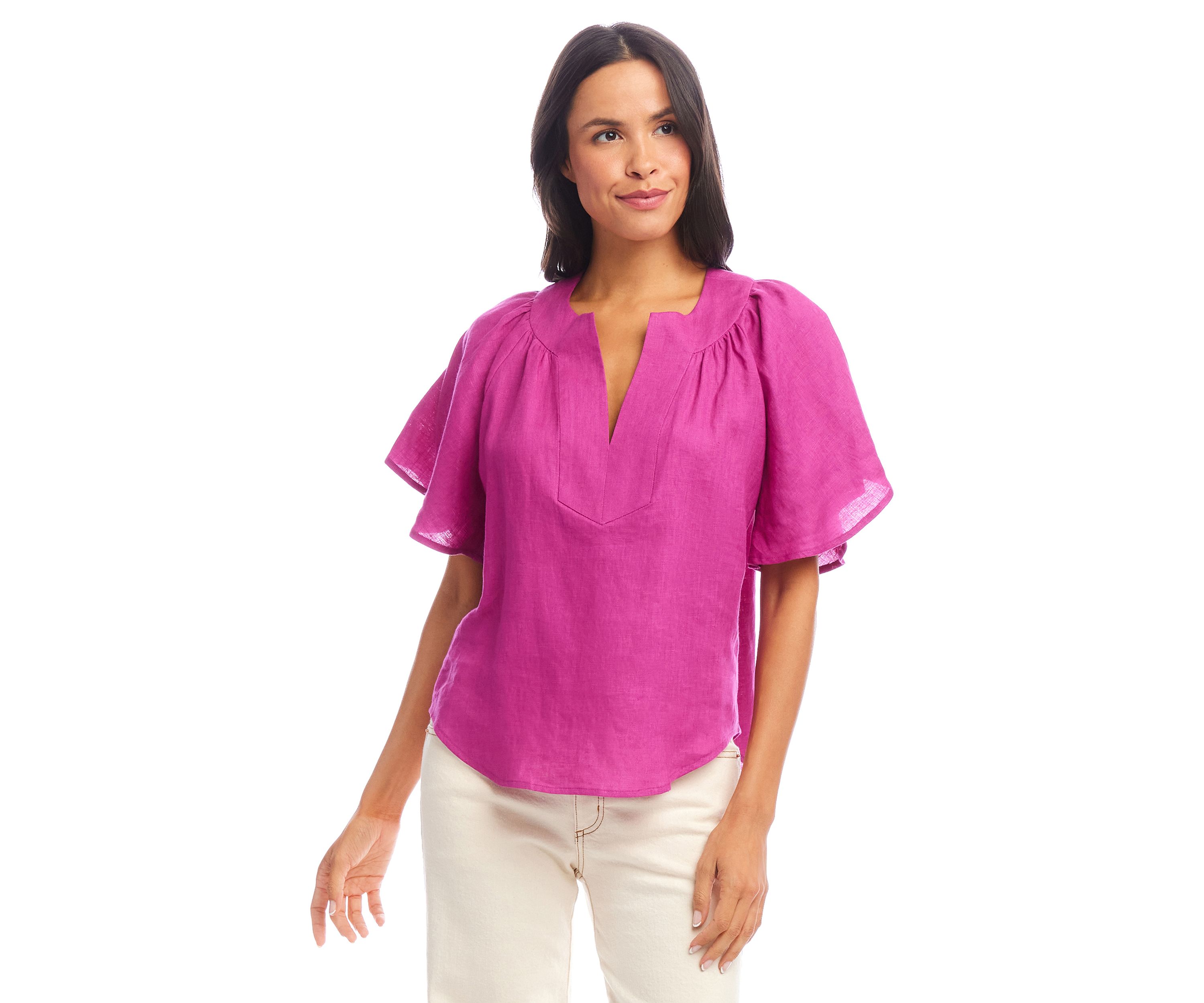 Womens Linen Flutter Sleeve Top
