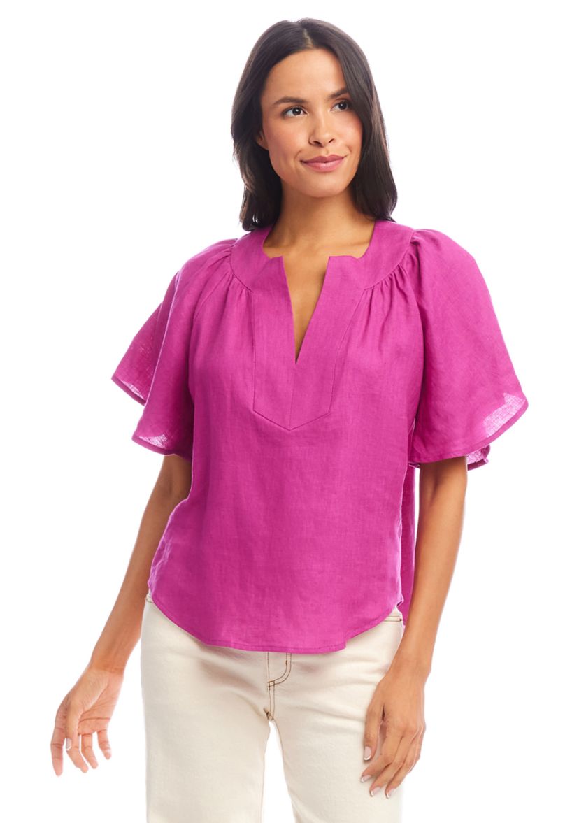 Womens Linen Flutter Sleeve Top