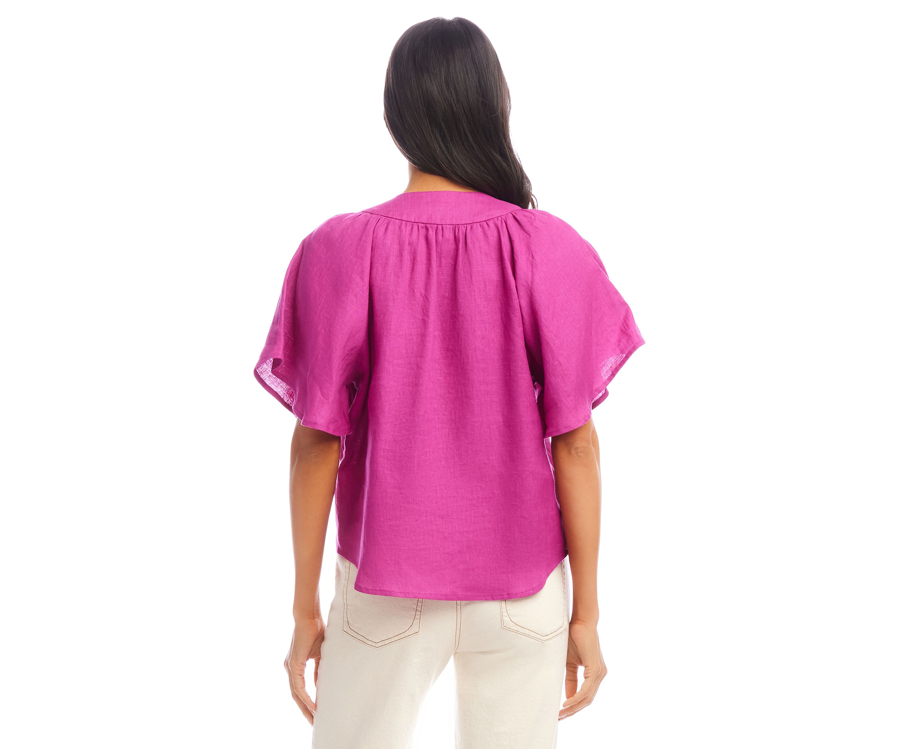 Womens Linen Flutter Sleeve Top
