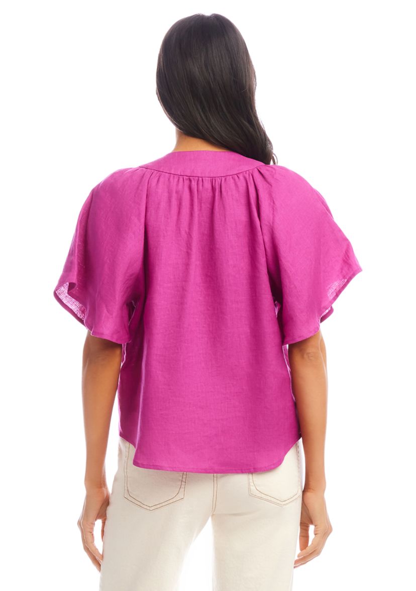 Womens Linen Flutter Sleeve Top