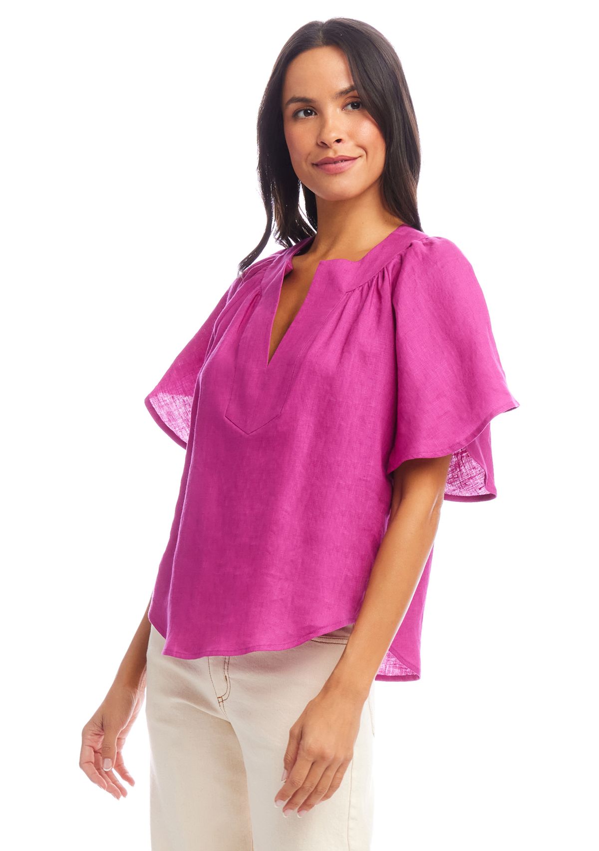 Womens Linen Flutter Sleeve Top