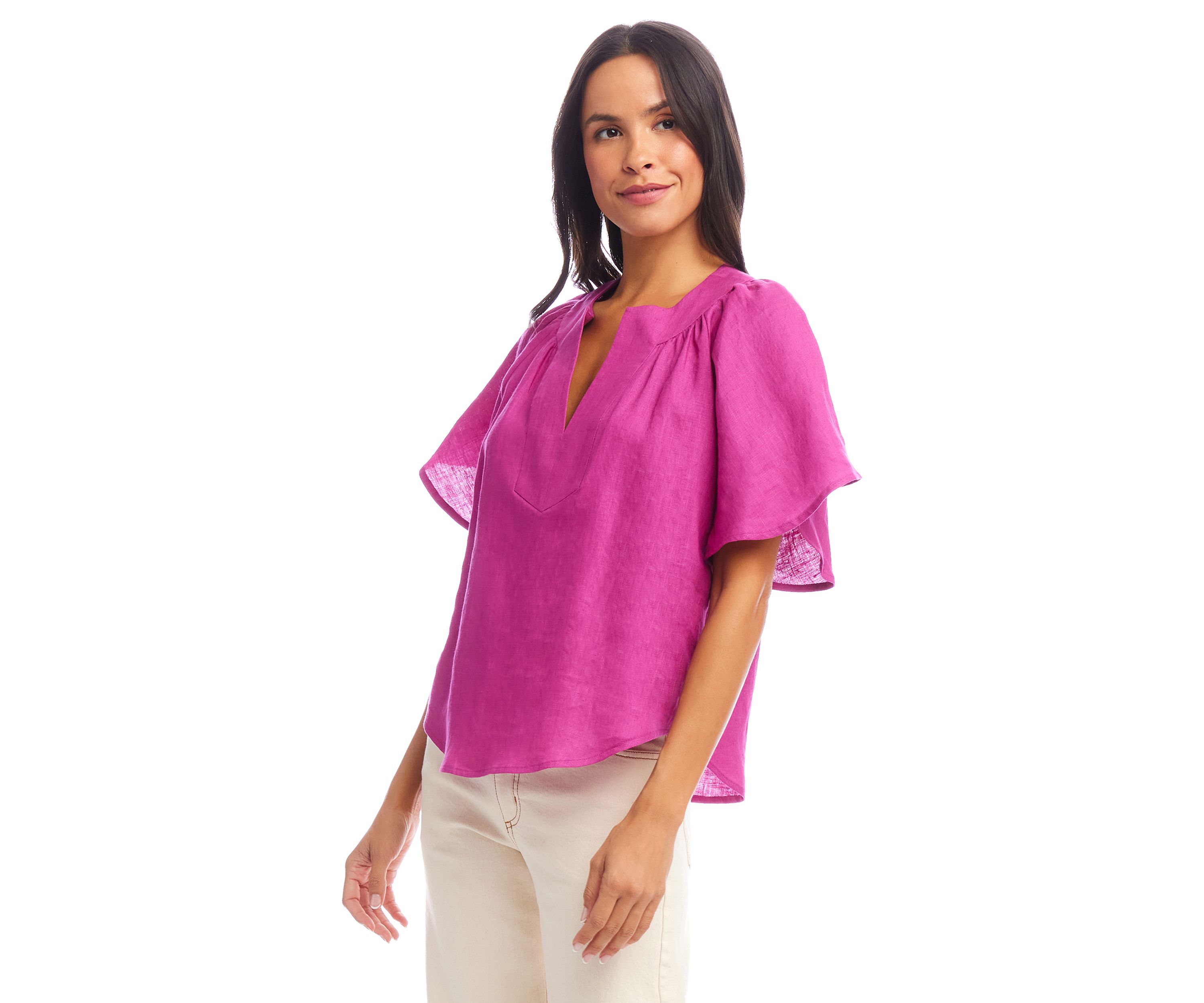 Womens Linen Flutter Sleeve Top