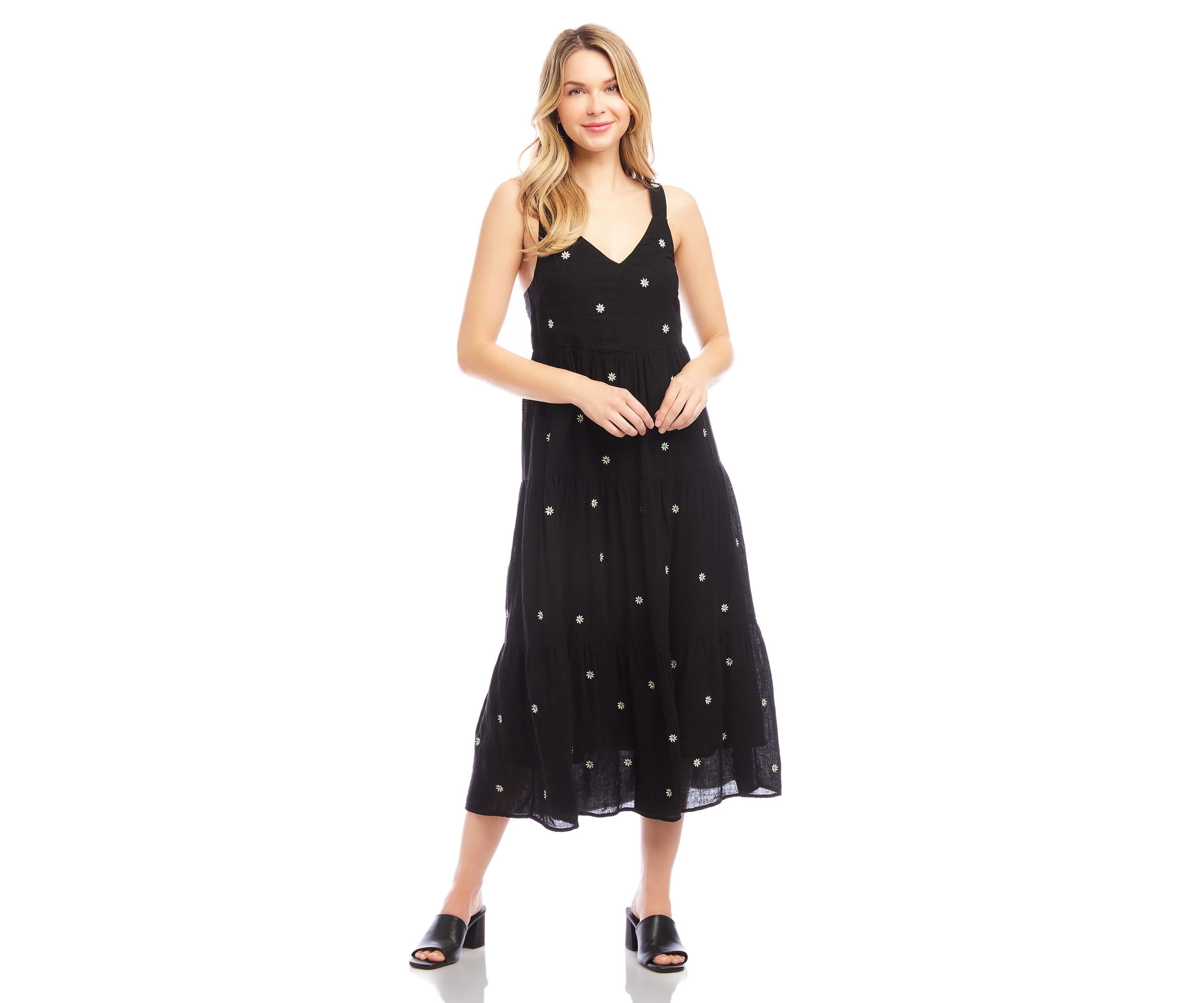 Womens Sleeveless Embroidered Tiered Midi Dress
