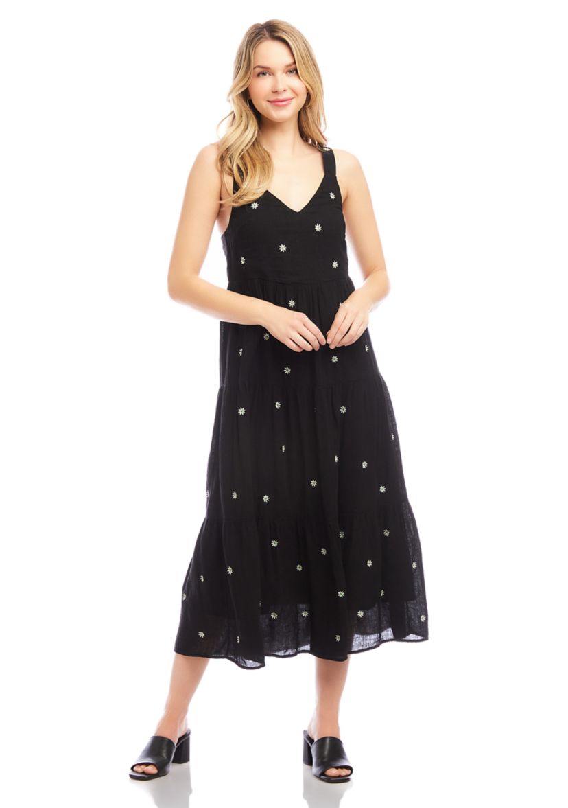 Womens Sleeveless Embroidered Tiered Midi Dress