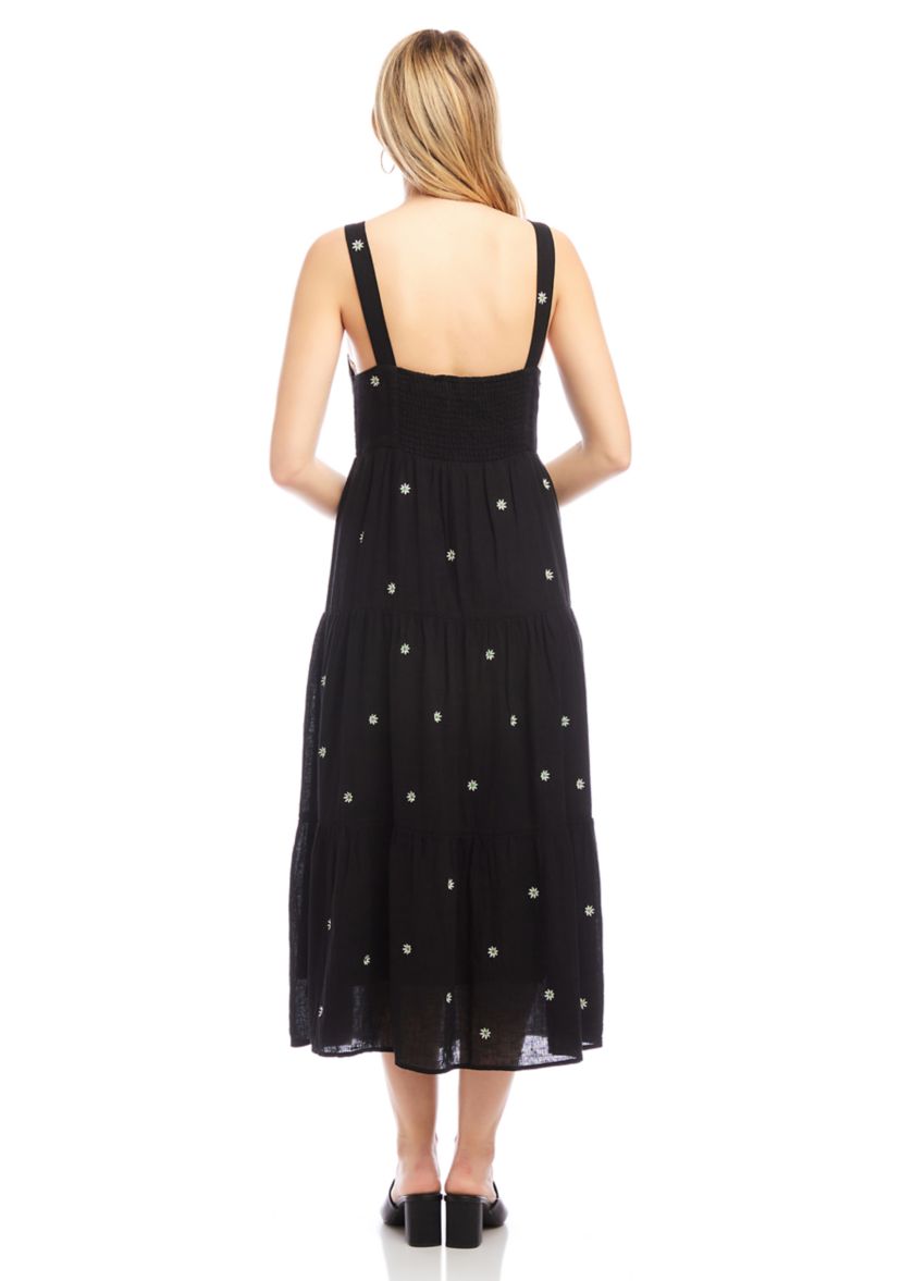 Womens Sleeveless Embroidered Tiered Midi Dress