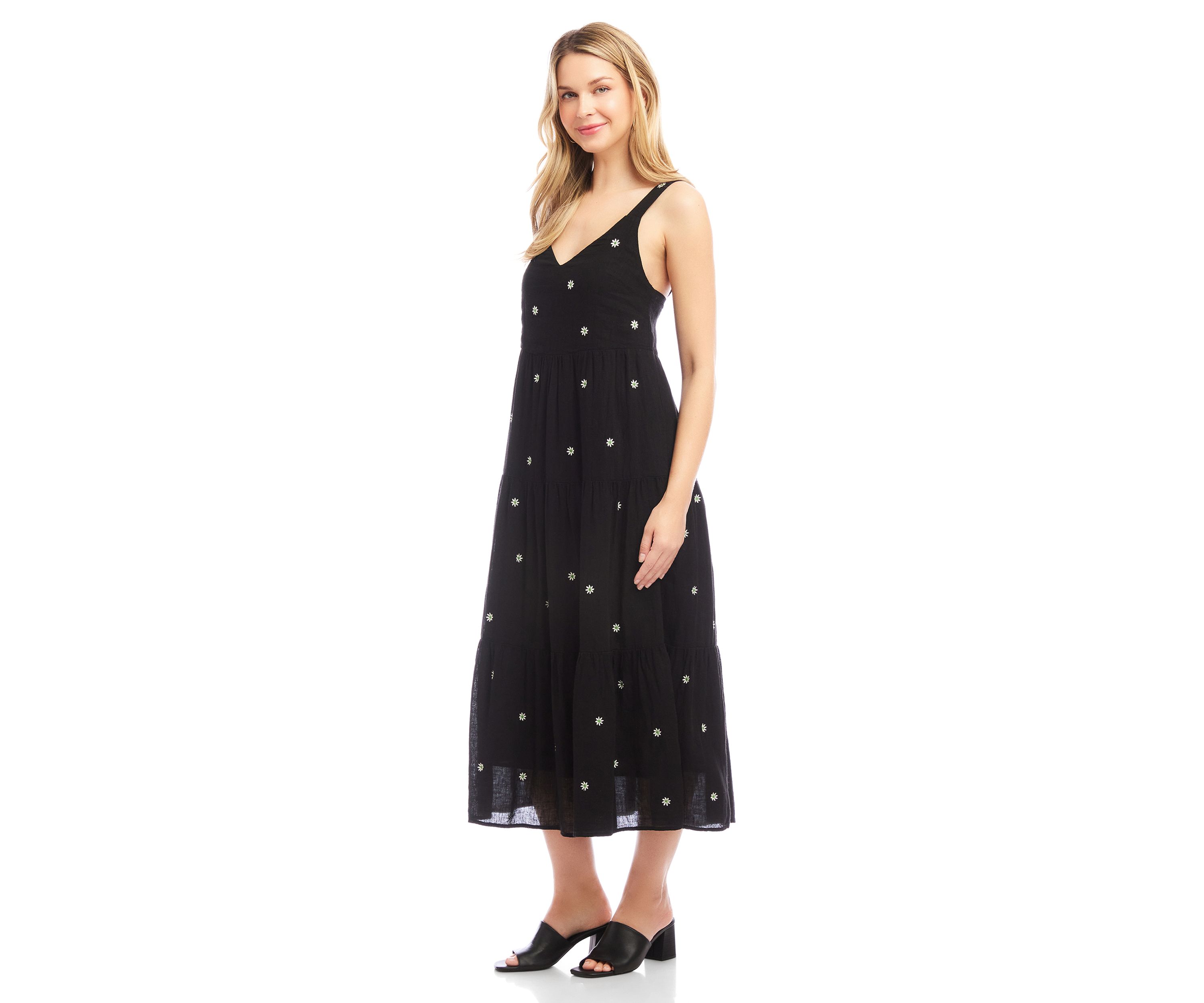 Womens Sleeveless Embroidered Tiered Midi Dress