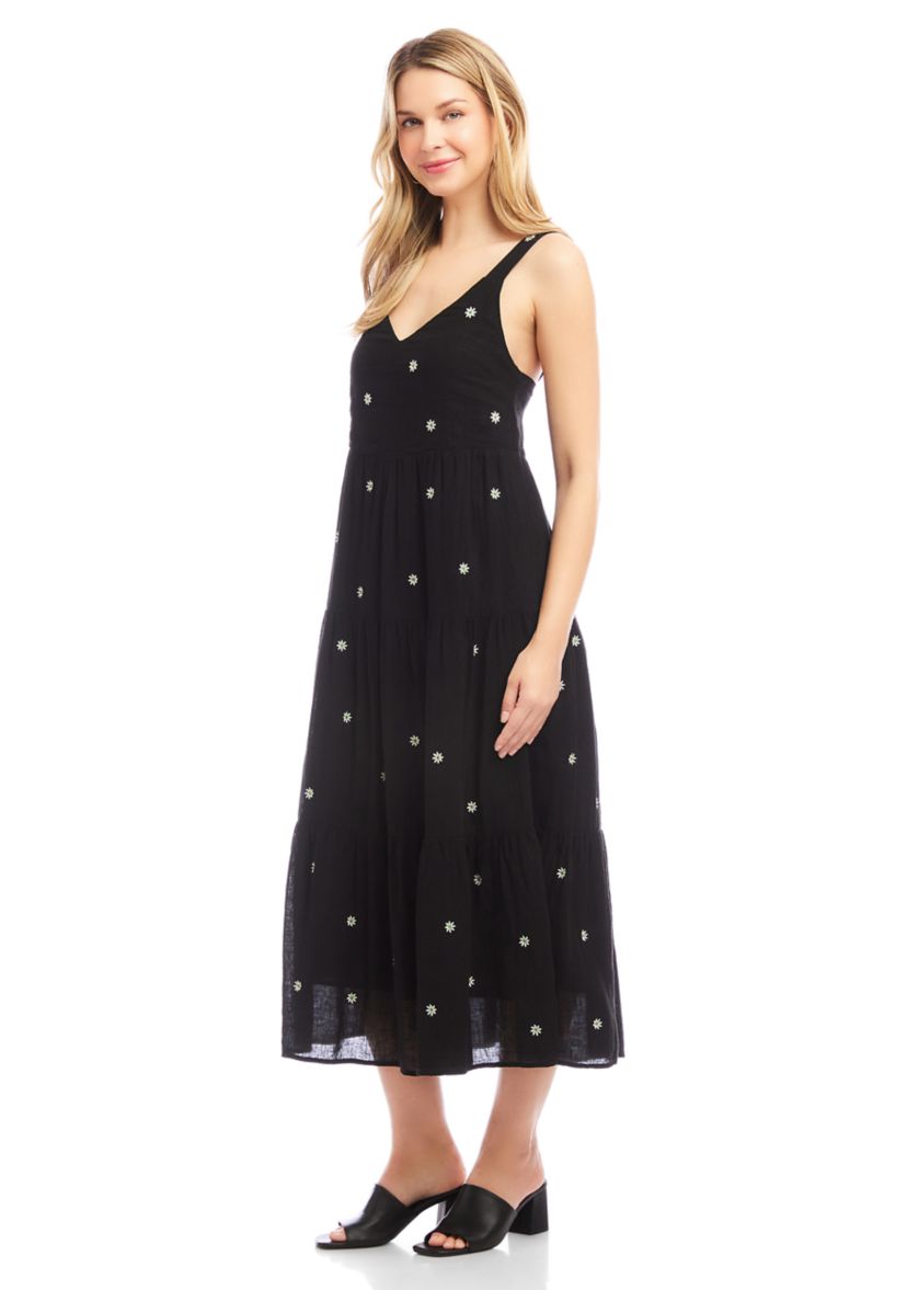 Womens Sleeveless Embroidered Tiered Midi Dress