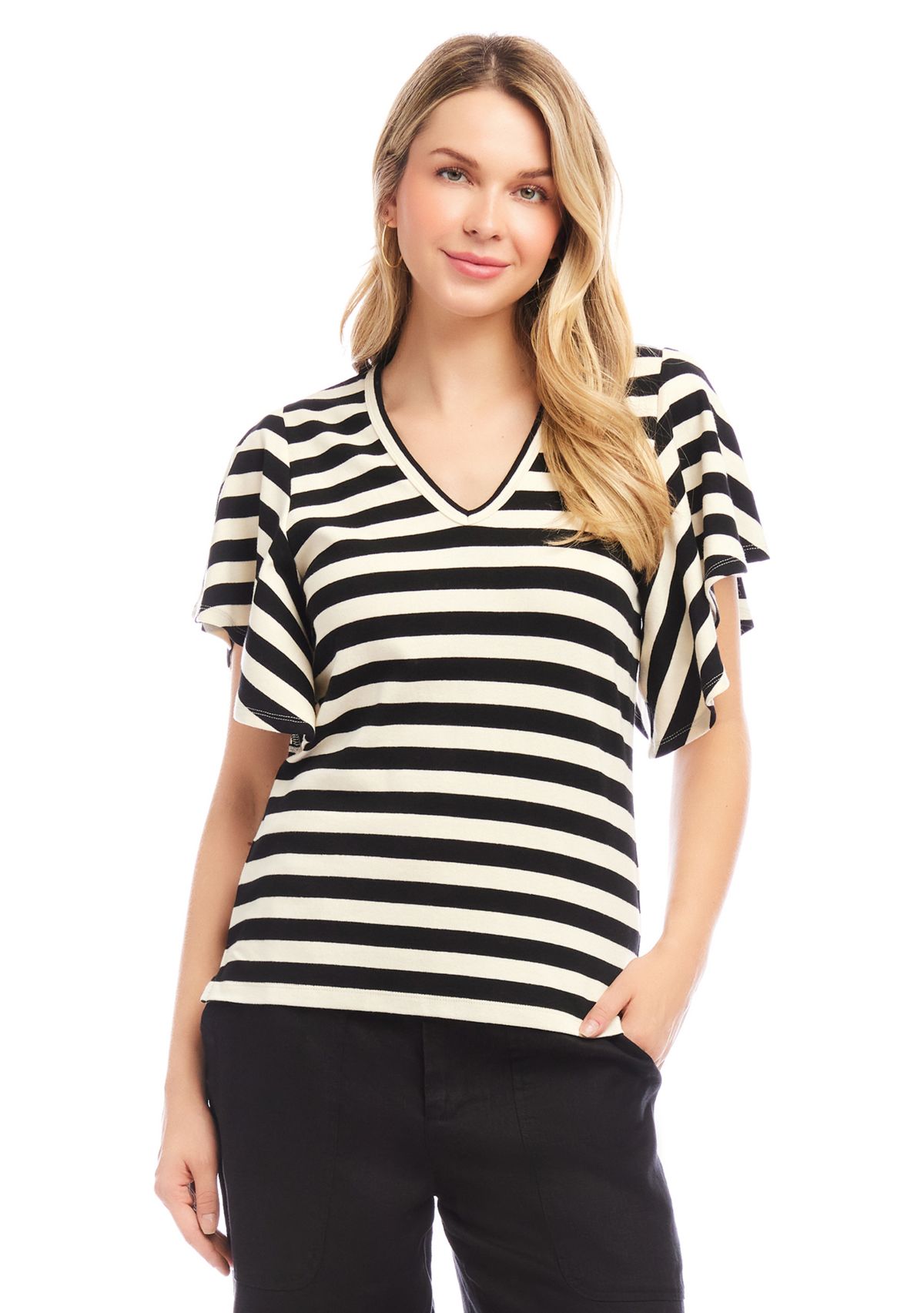 Womens Stripe Flutter Sleeve V-Neck Top