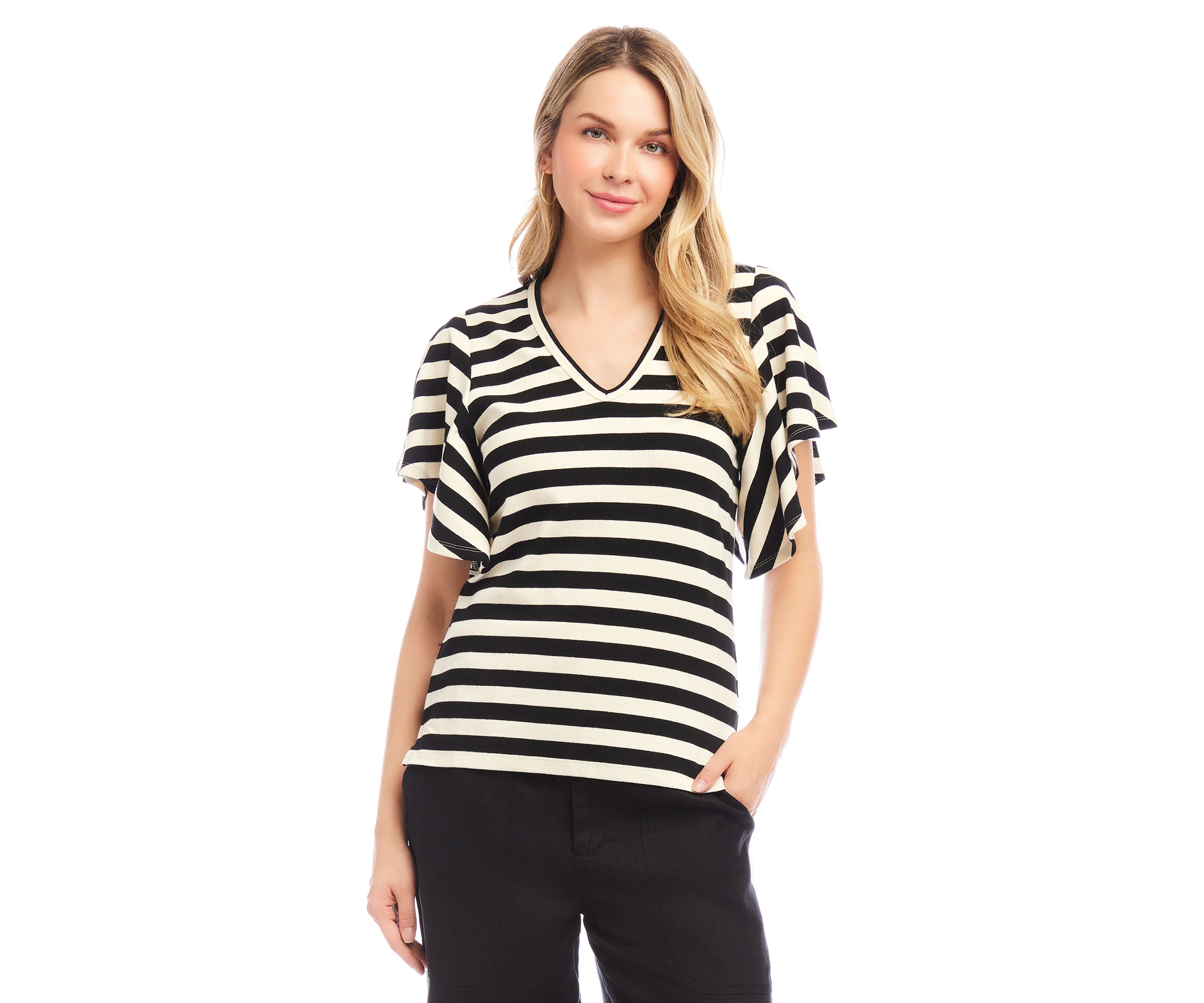 Womens Stripe Flutter Sleeve V-Neck Top