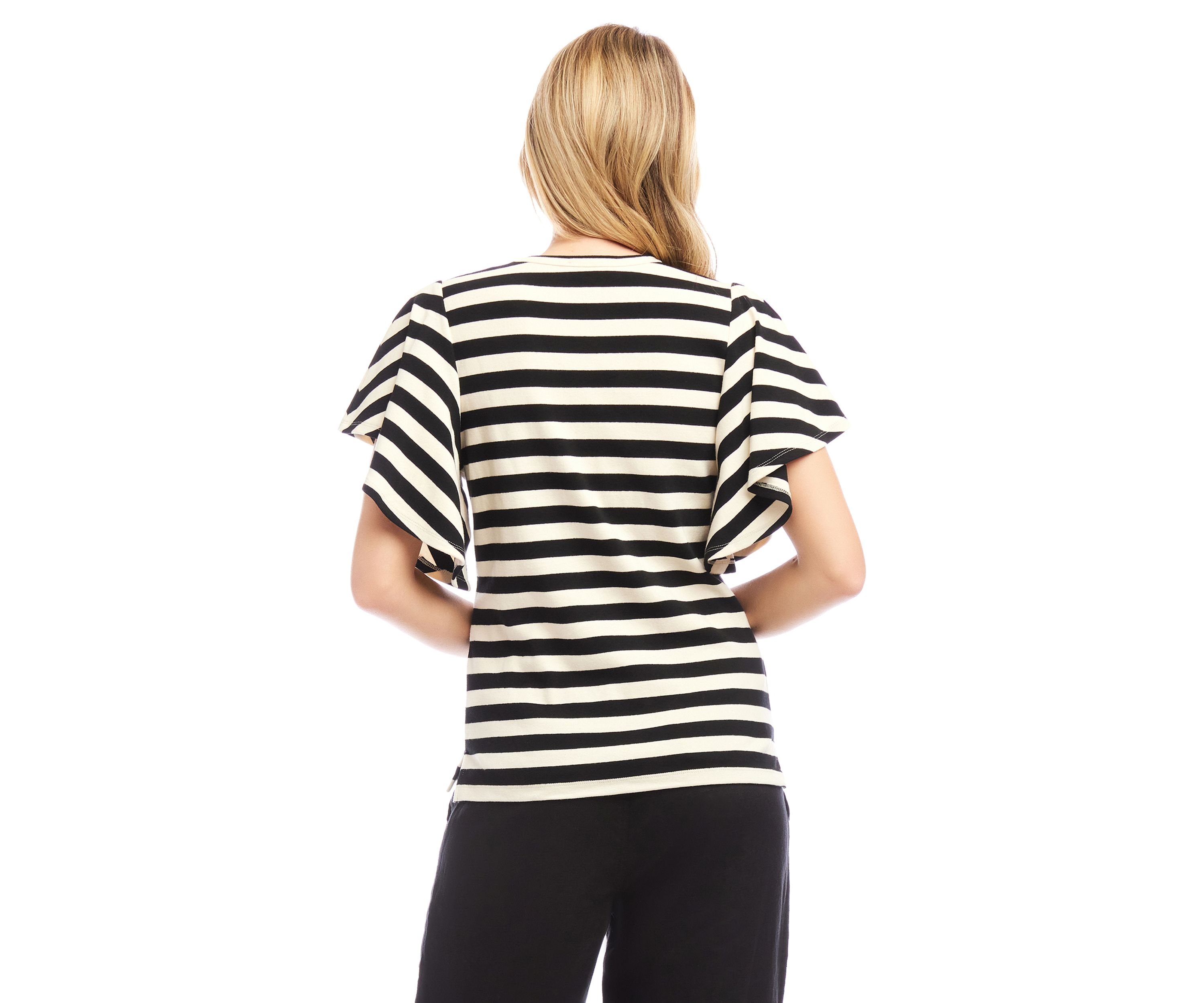 Womens Stripe Flutter Sleeve V-Neck Top