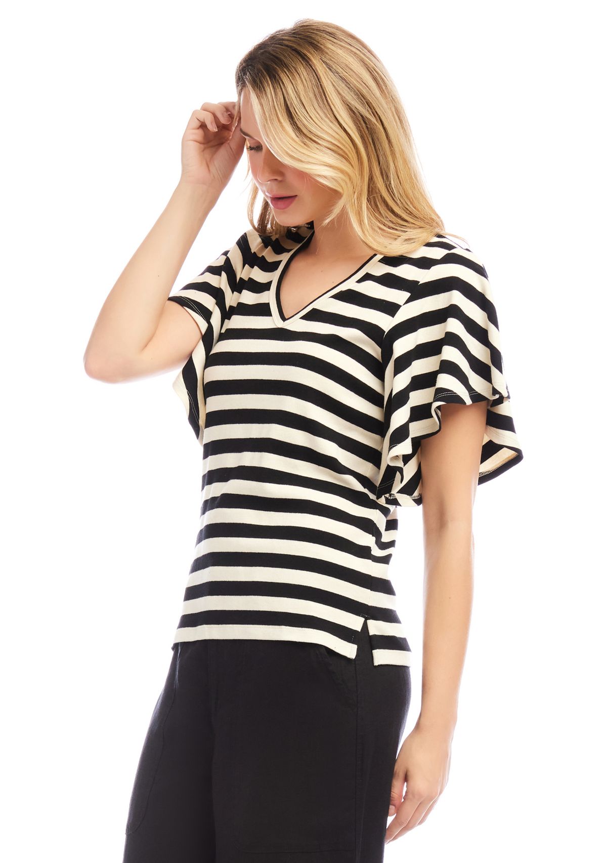 Womens Stripe Flutter Sleeve V-Neck Top