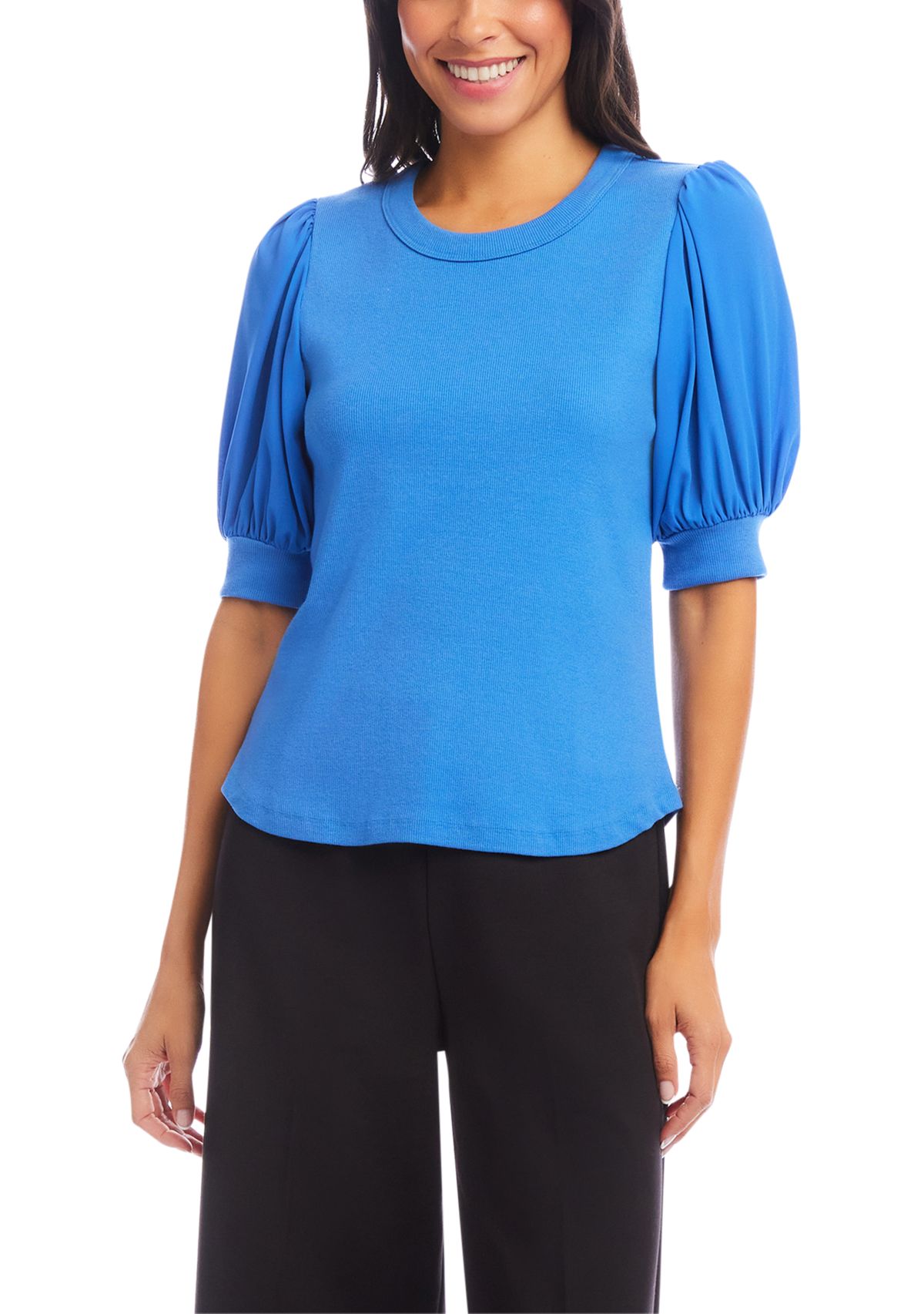 Womens Puff Sleeve Contrast Shirttail Top