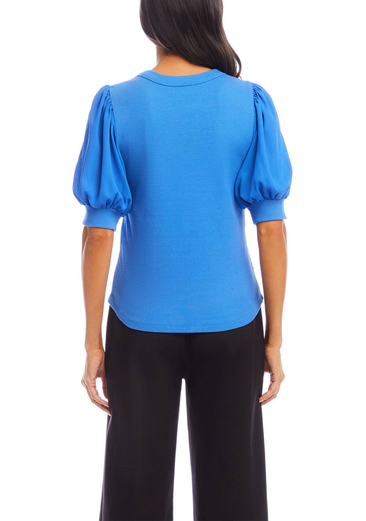 Womens Puff Sleeve Contrast Shirttail Top